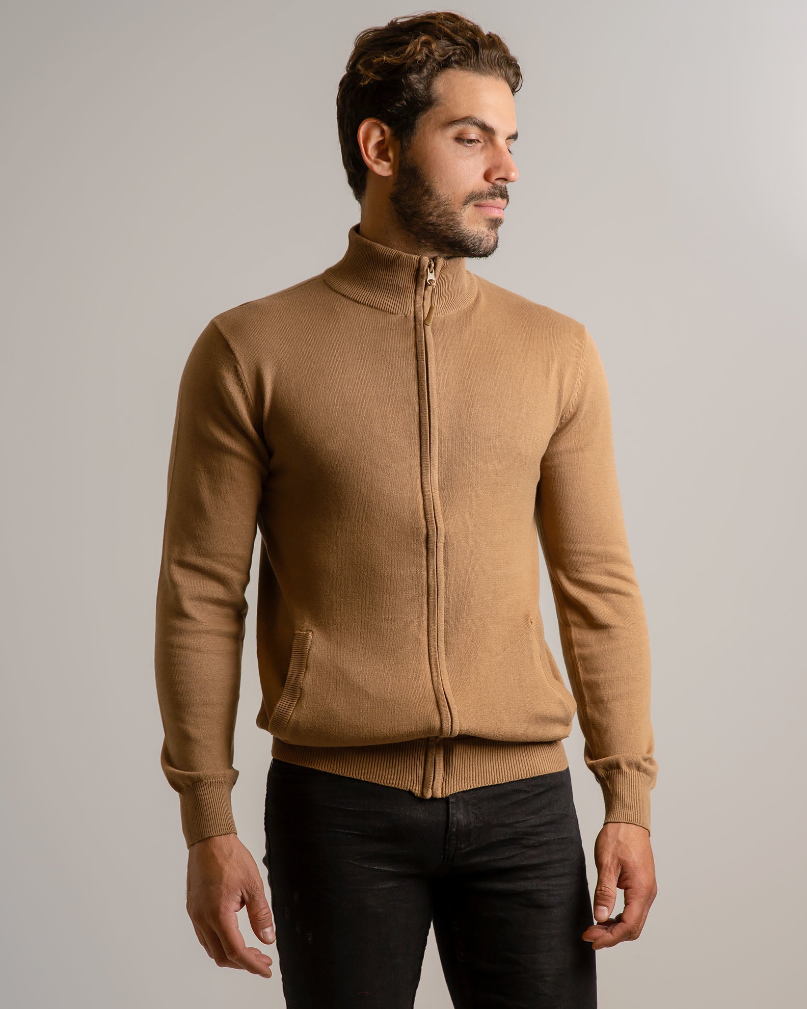 Men's Yarn Jacket with Zipper 'Alfredo'-CAMEL