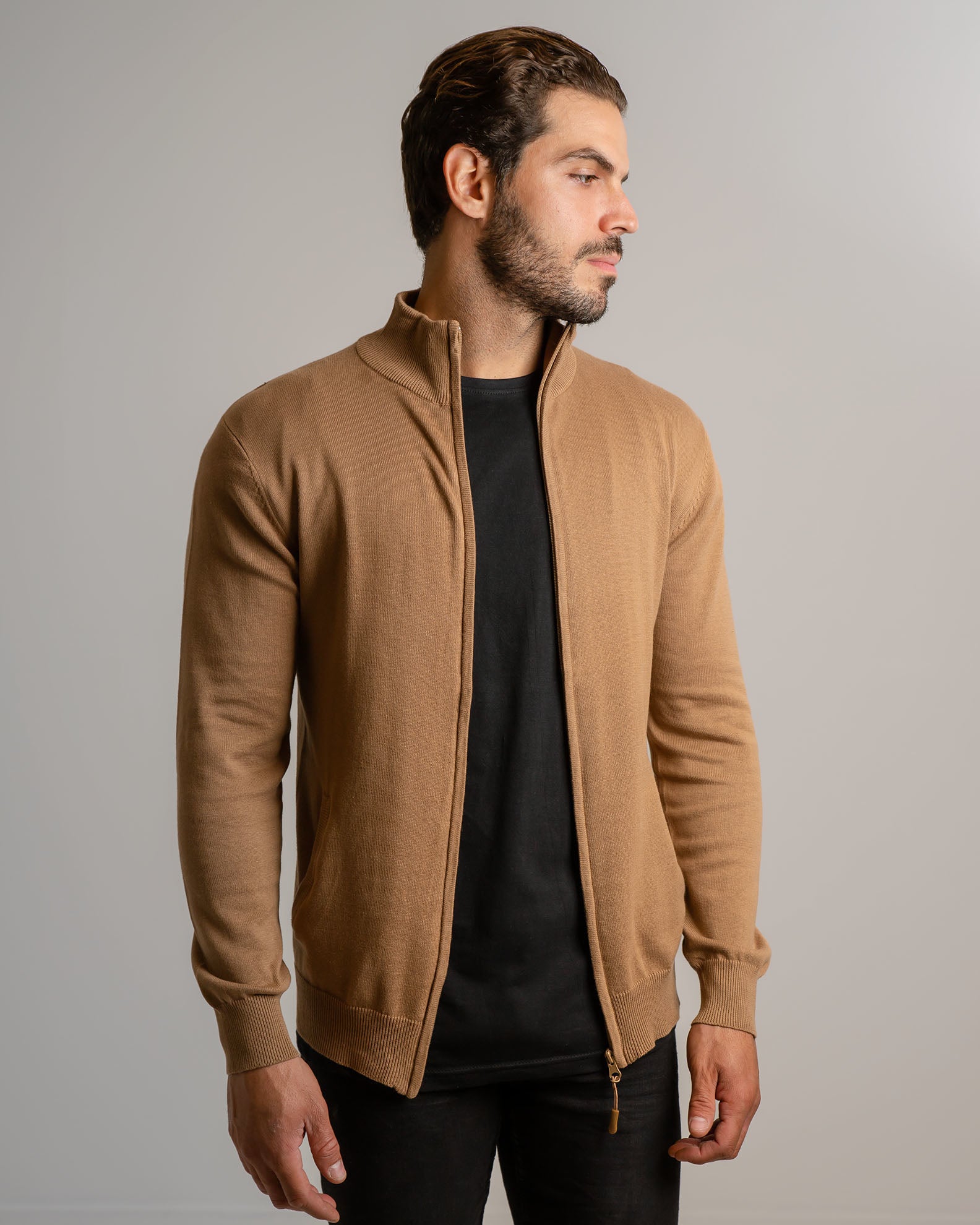 Men's Yarn Jacket with Zipper 'Alfredo'-CAMEL