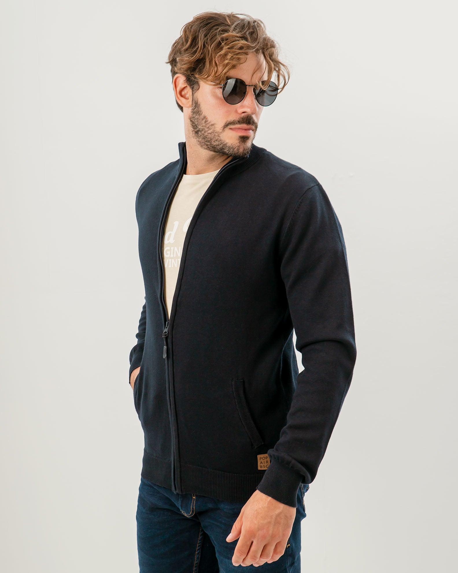 Men's 'Alfredo' Zip Up Yarn Jacket-BLUE NAVY