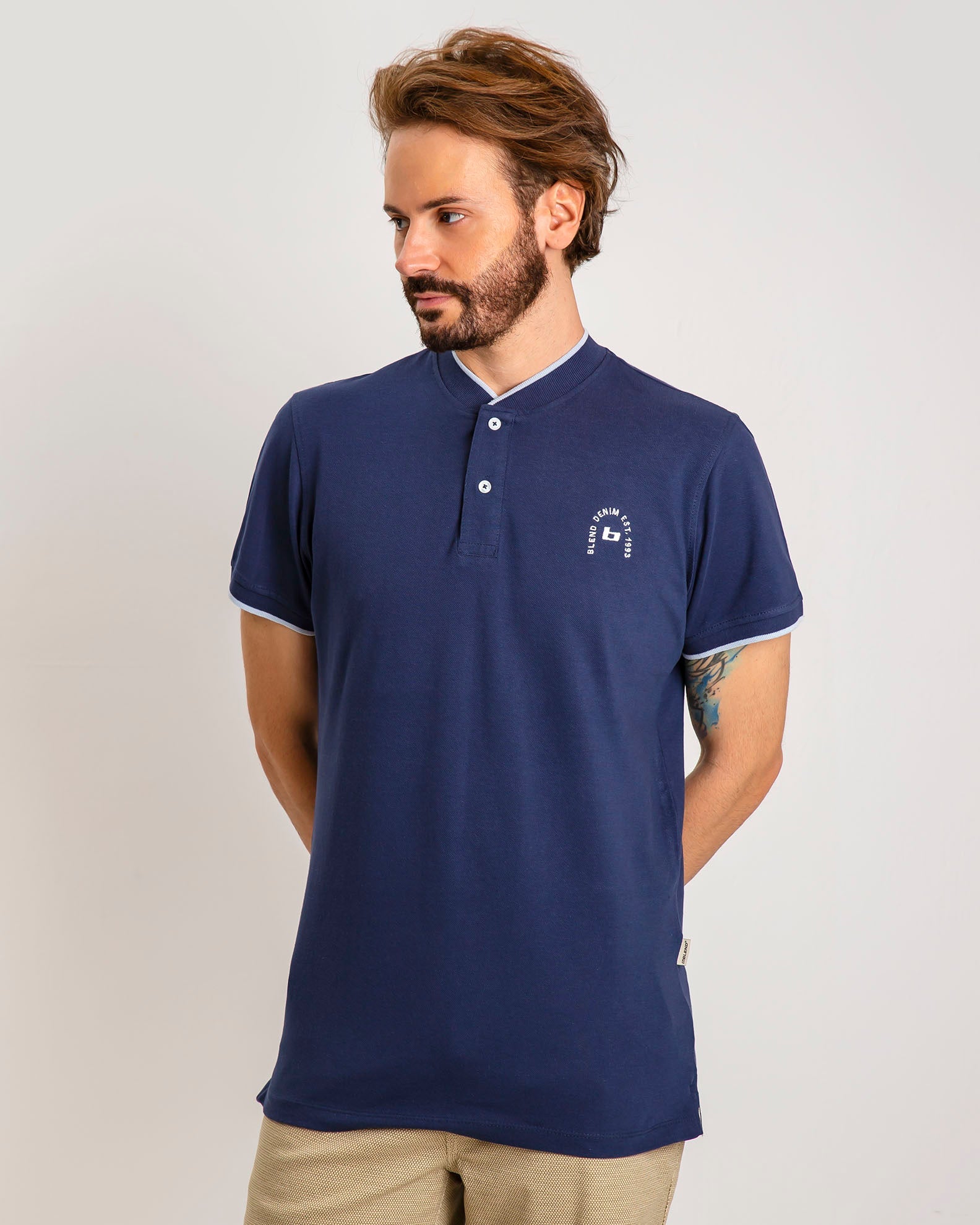 Men's Polo Shirt with Mao Collar-194024 Dress Blues