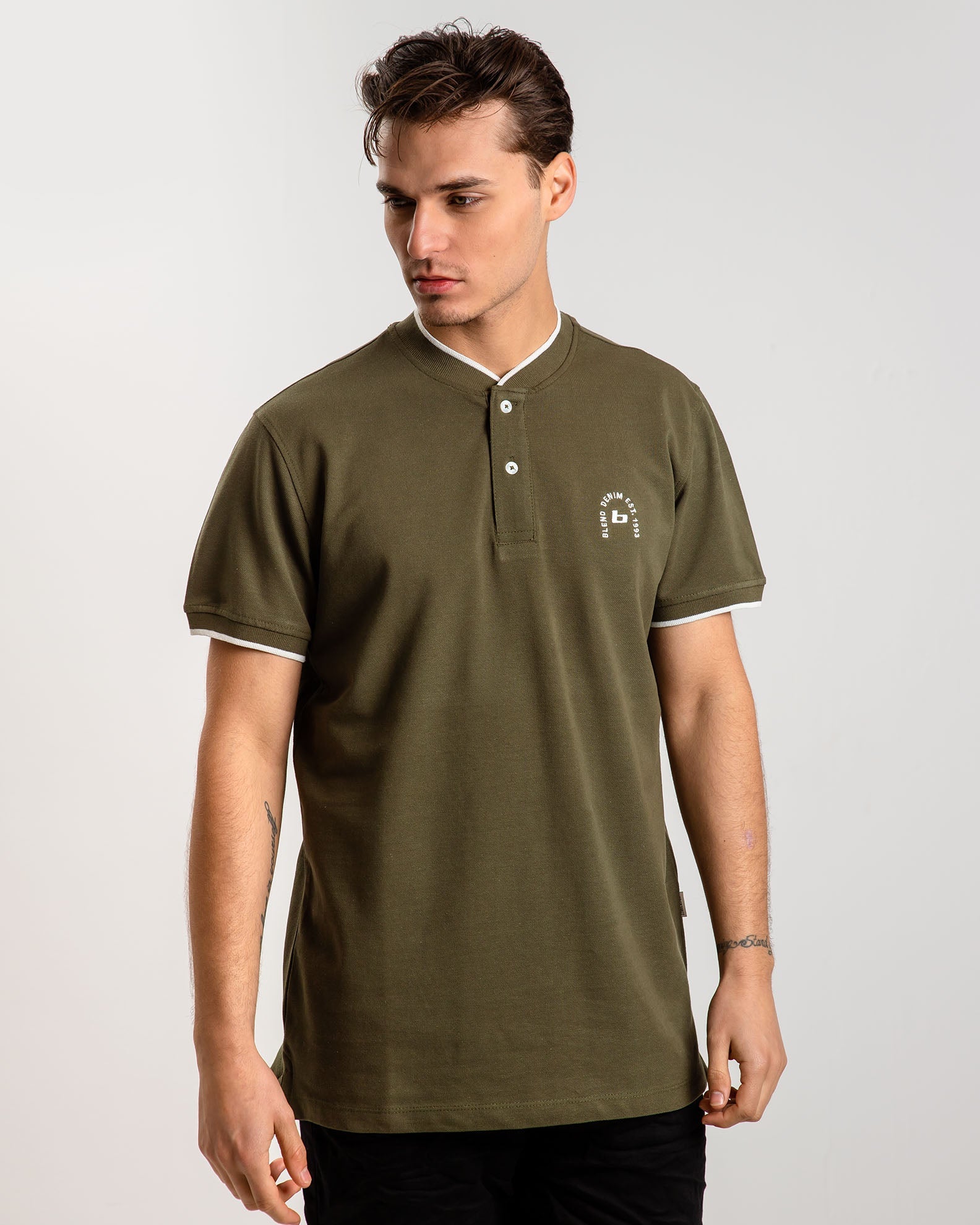 Men's Mao Collar Polo Shirt-Forest Night