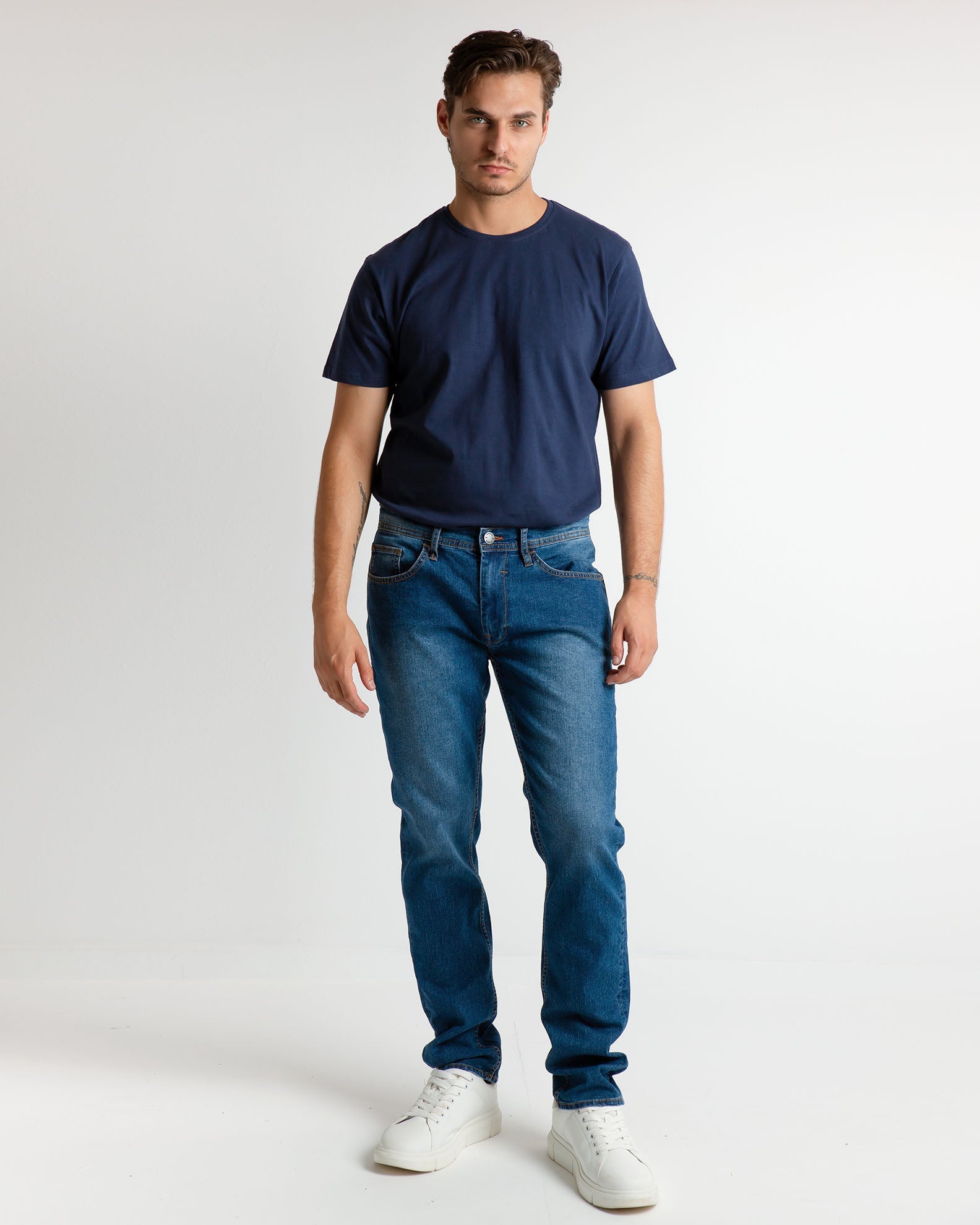 Men's jeans with a faded look - Denim middleblue