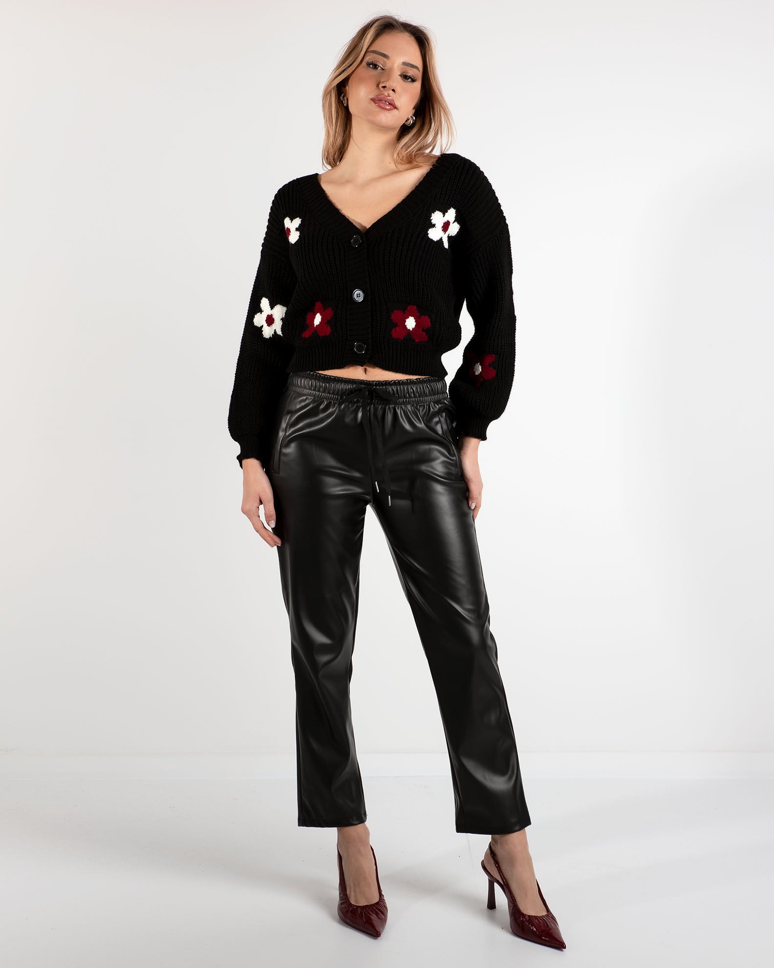 Women's knitted cardigan 'Mi44randa'-black/ruby red flower