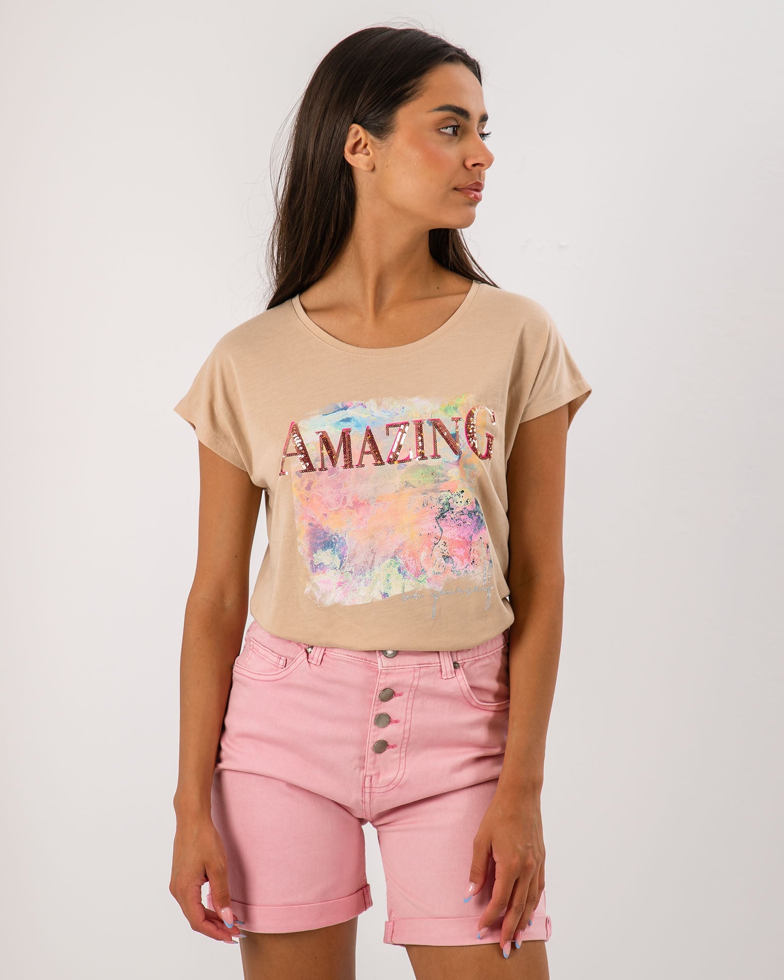 Women's Short-Sleeve Blouse with 'Sa44ndy' Print-beige