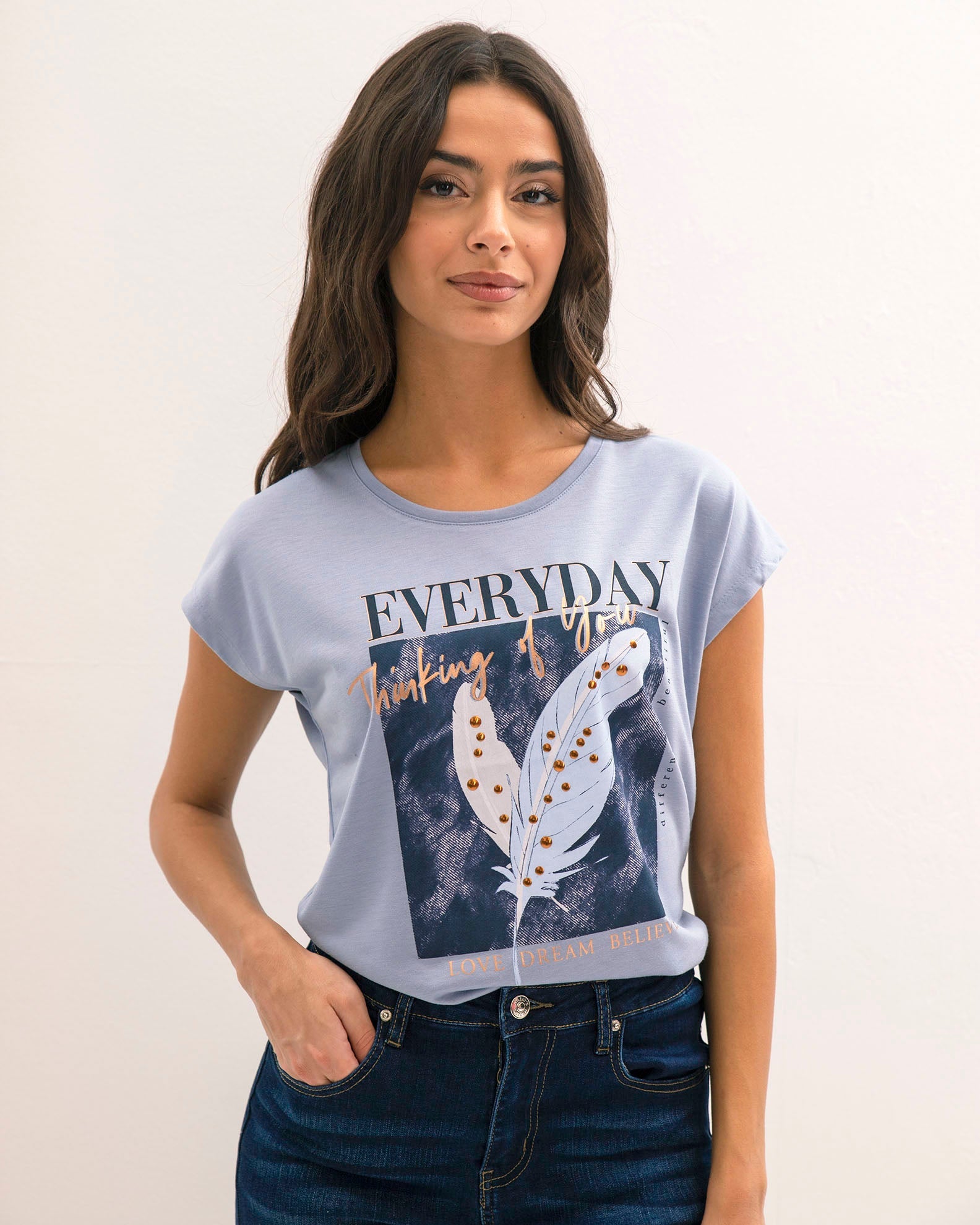 Women's Short Sleeve Blouse with 'Ca44ndy' Print-blue