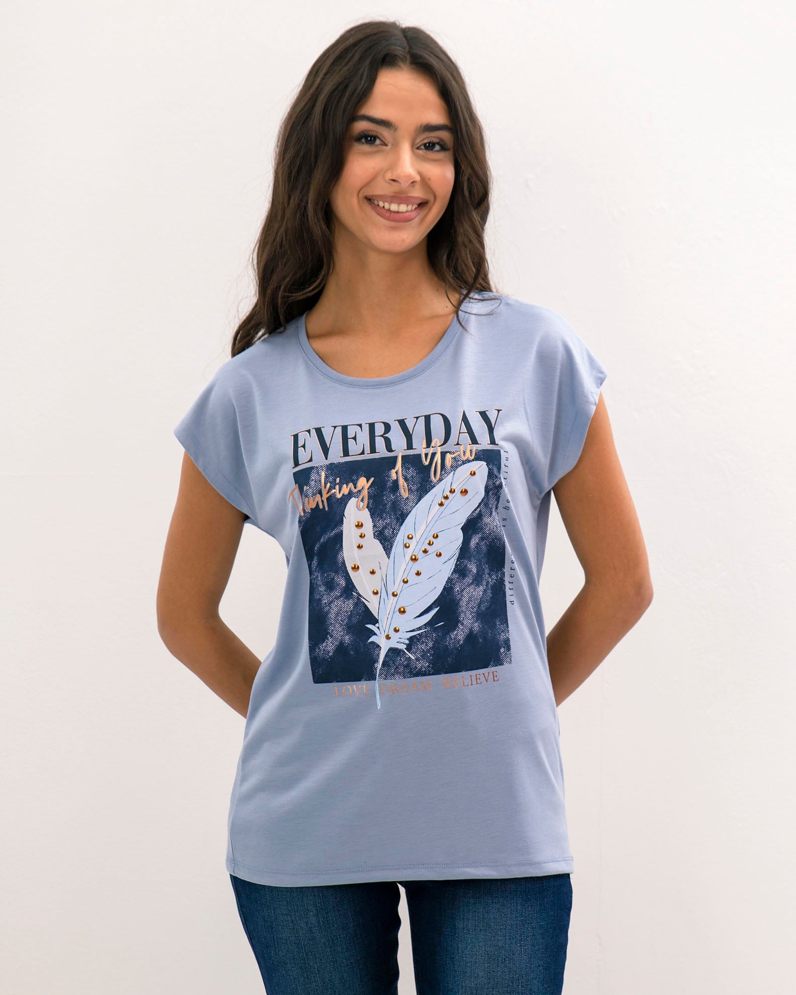 Women's Short Sleeve Blouse with 'Ca44ndy' Print-blue