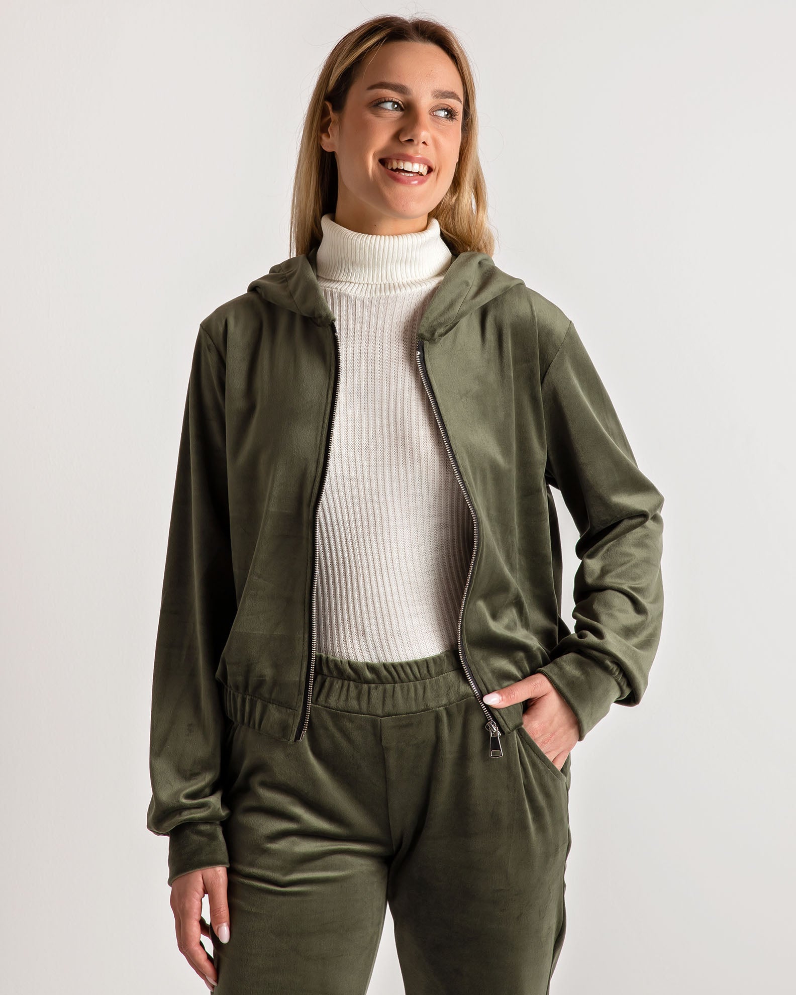 Women's velor-khaki cardigan