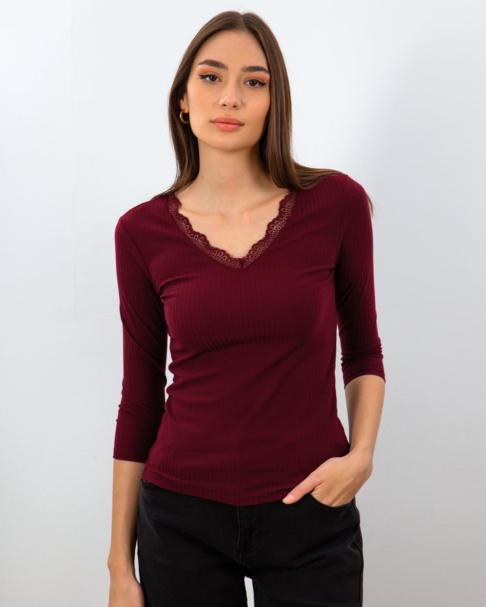 Women's Rip V-Neck Blouse 'Lill'-cabernet