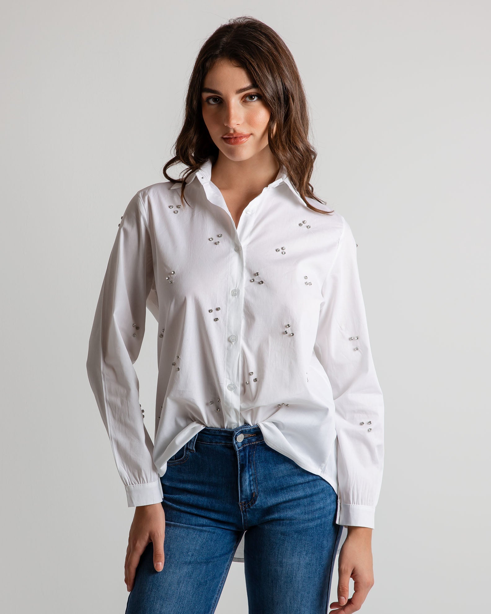 Women's shirt decorated with rhinestones 'Di44ma'-white