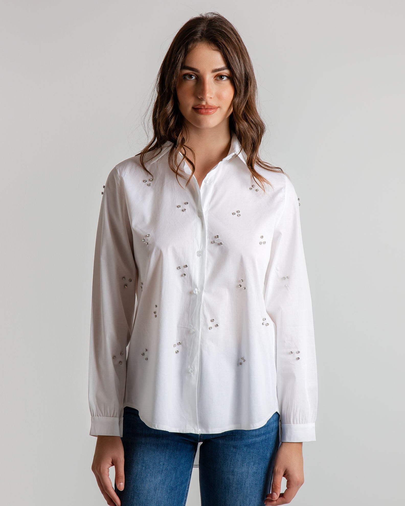 Women's shirt decorated with rhinestones 'Di44ma'-white