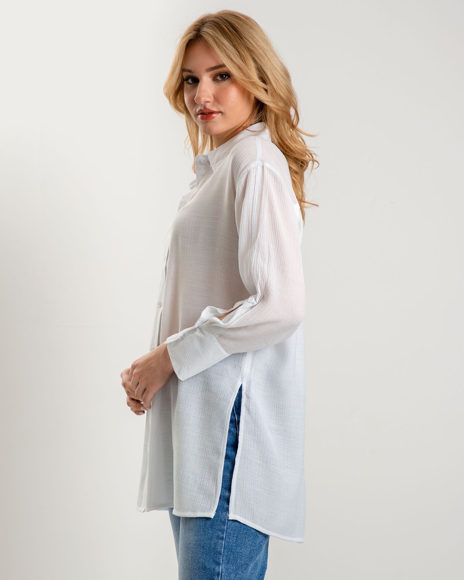 Women's Oversize Long Sleeve Waffle Shirt 'Ma44bel'-white