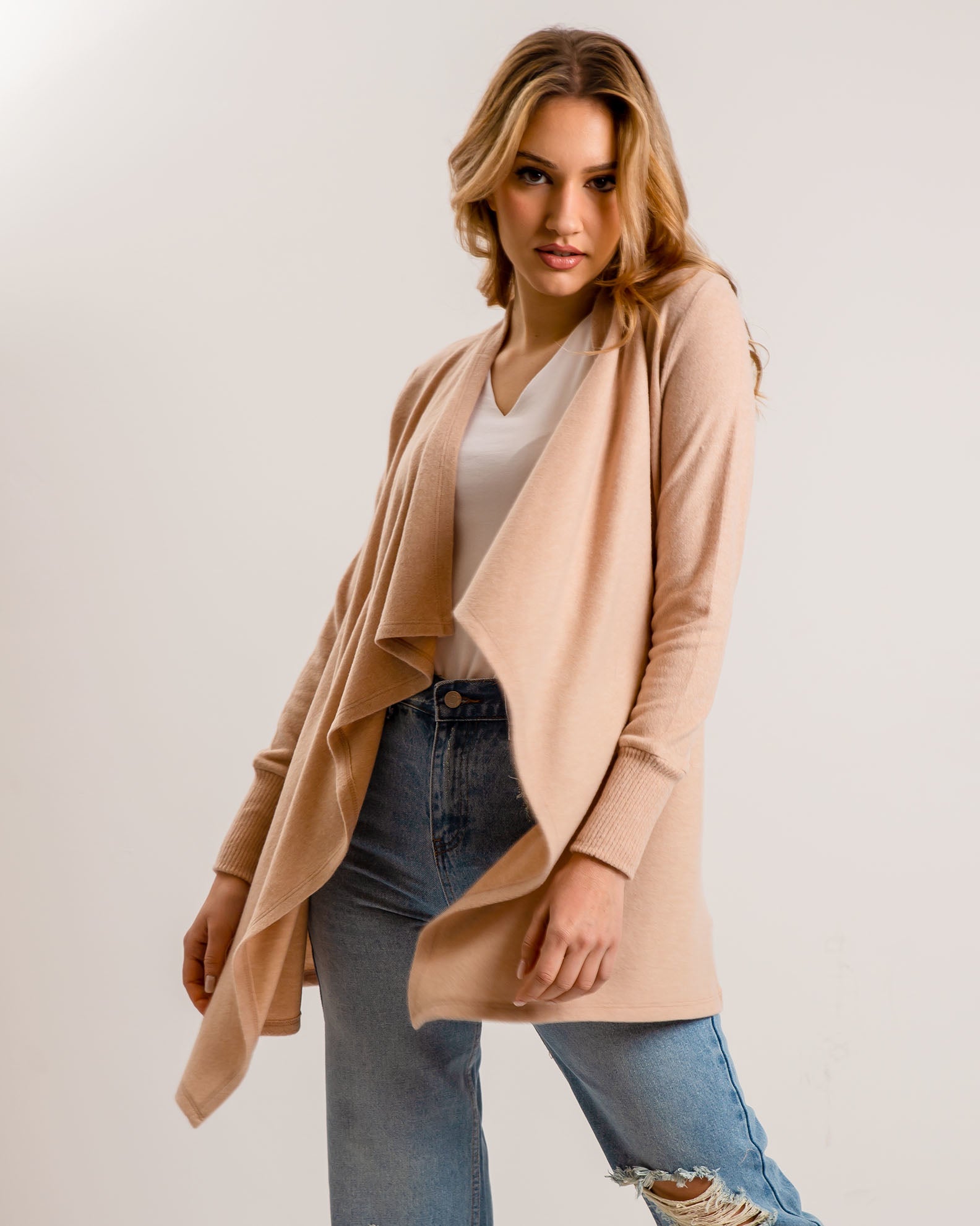 Women's Open Cardigan with Soft Texture 'An44ia'-beige marl