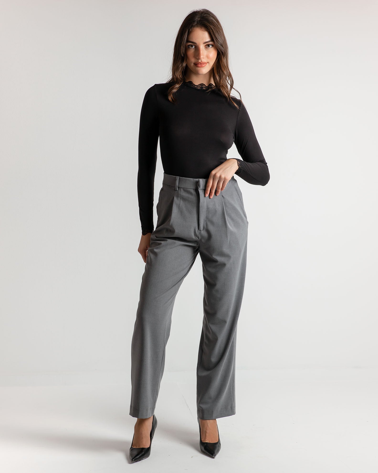 Women's high-waisted pleated trousers 'Fi44nola'-grey marl