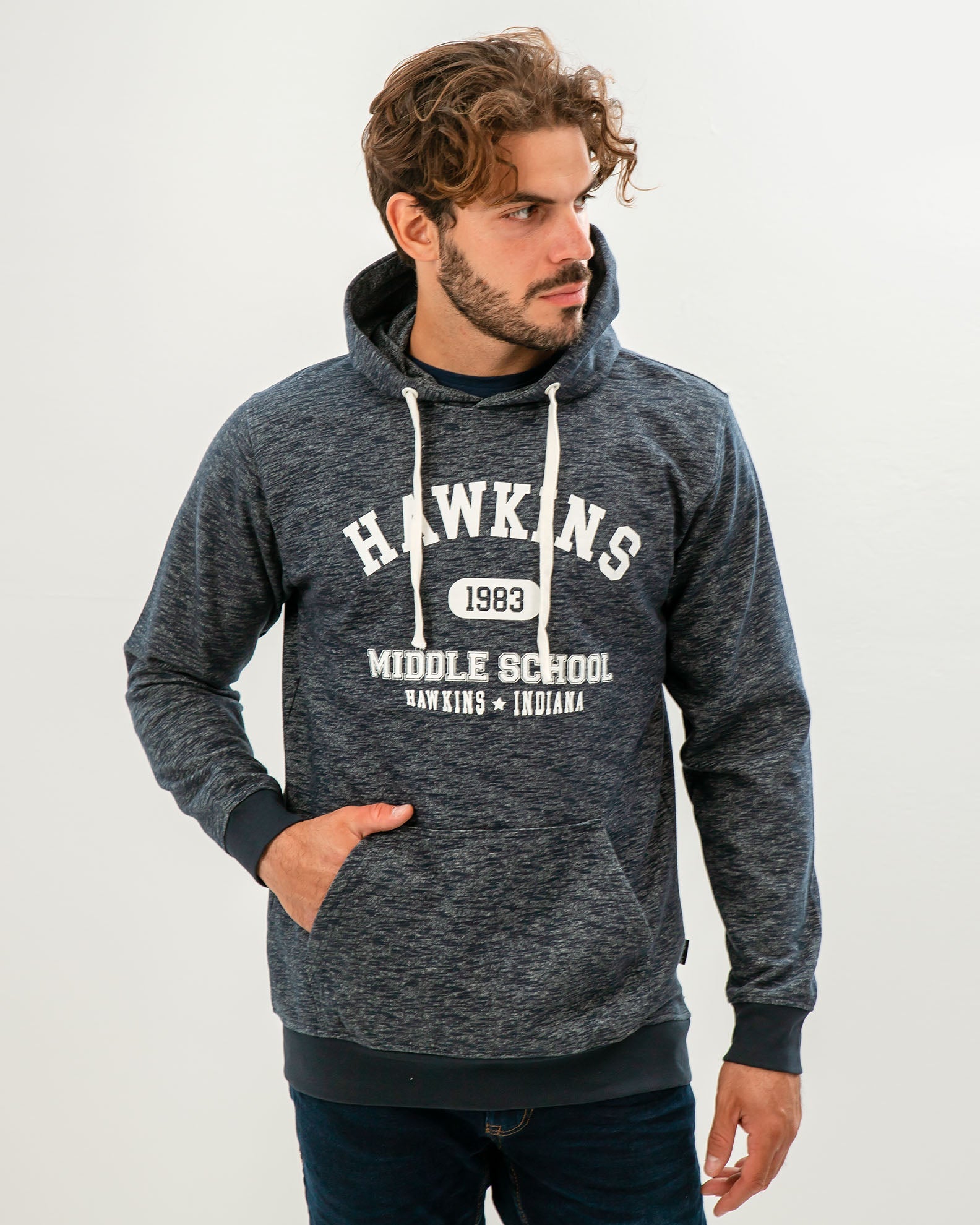 Men's Hoodie with 'Hawkins' Print-DENIM MELANGE