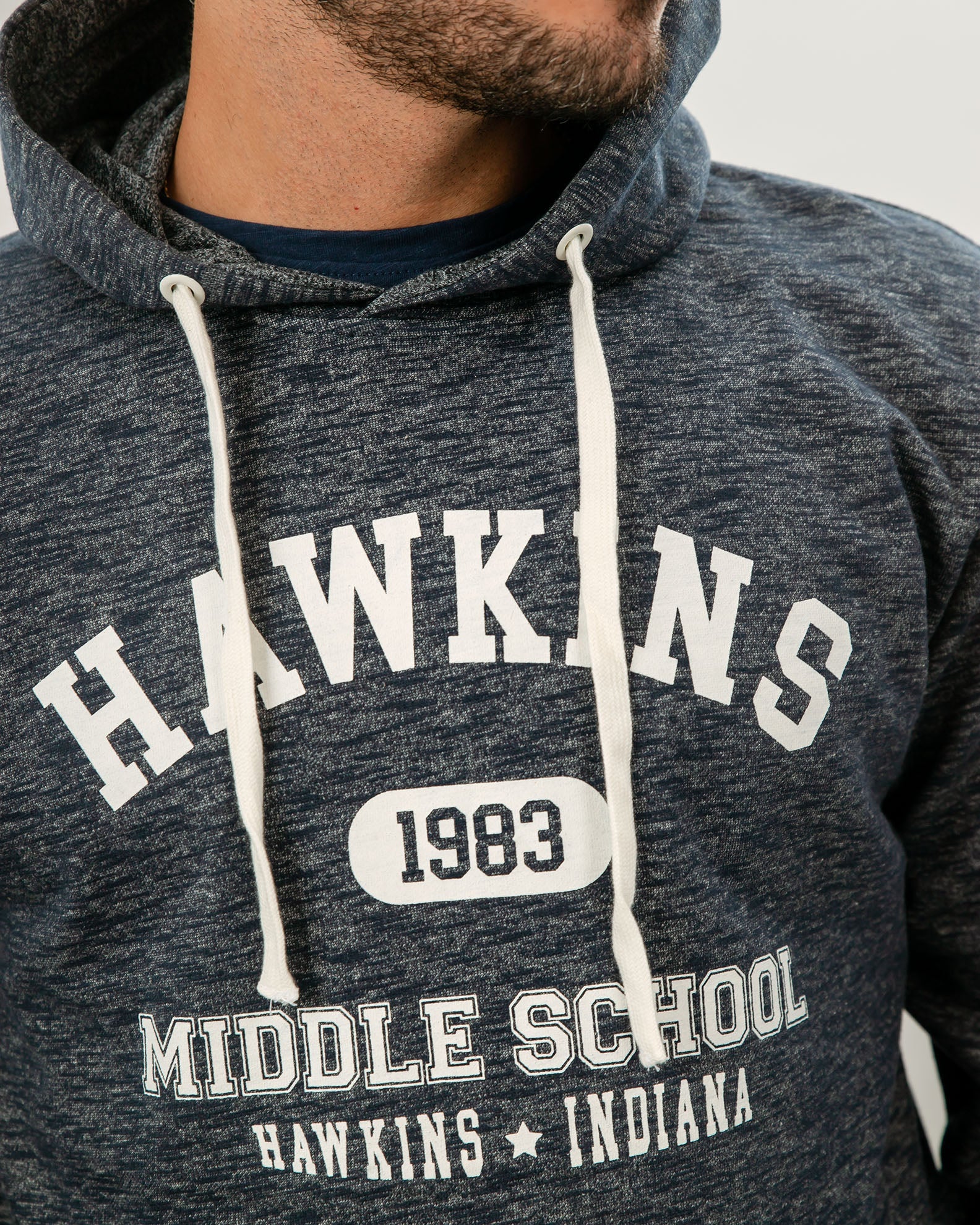 Men's Hoodie with 'Hawkins' Print-DENIM MELANGE