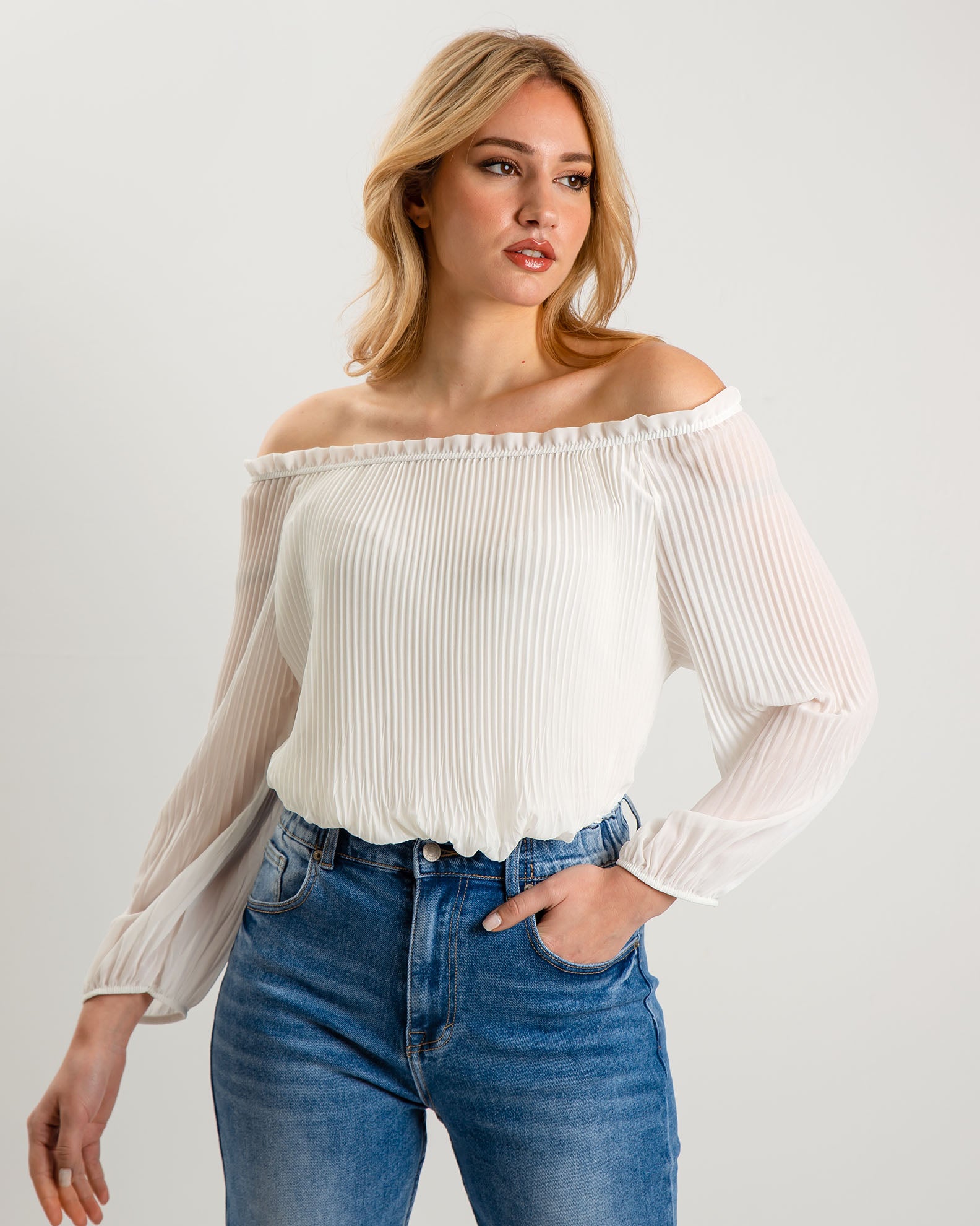 Women's Blouse 3/4 Pleated 'Sa44rah'-WHITE