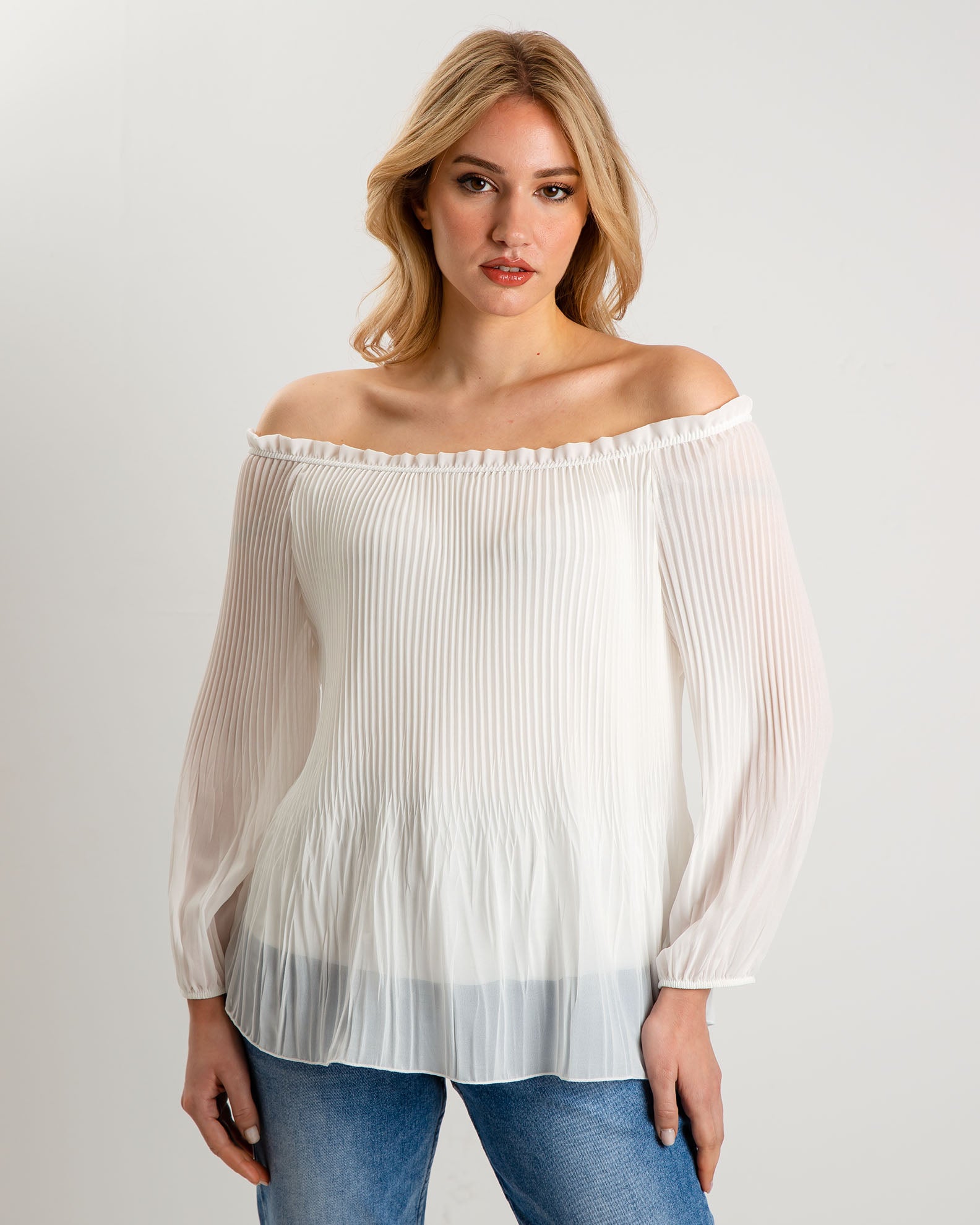 Women's Blouse 3/4 Pleated 'Sa44rah'-WHITE