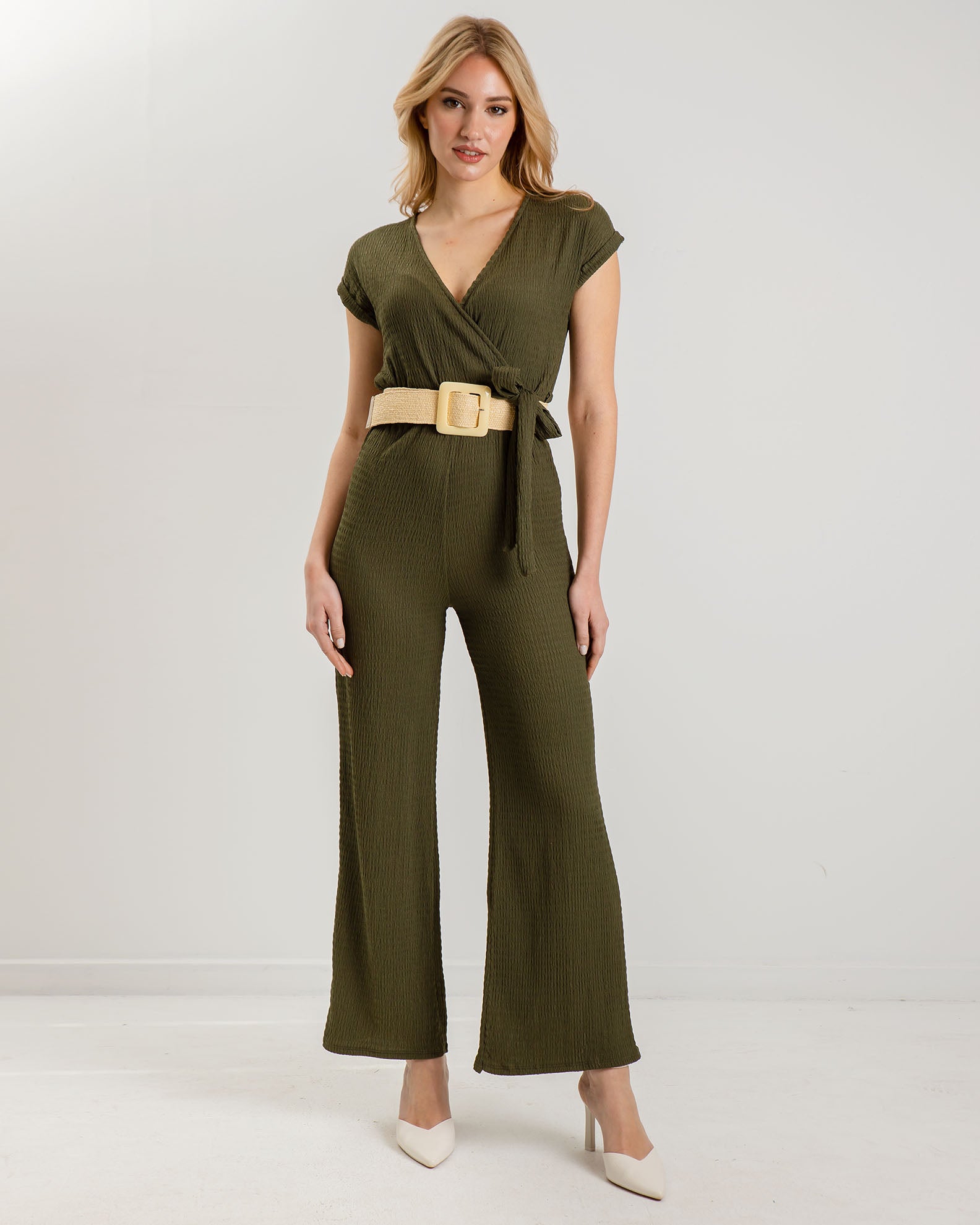 'Oa44na' Short Sleeve Waffle Jumpsuit-khaki