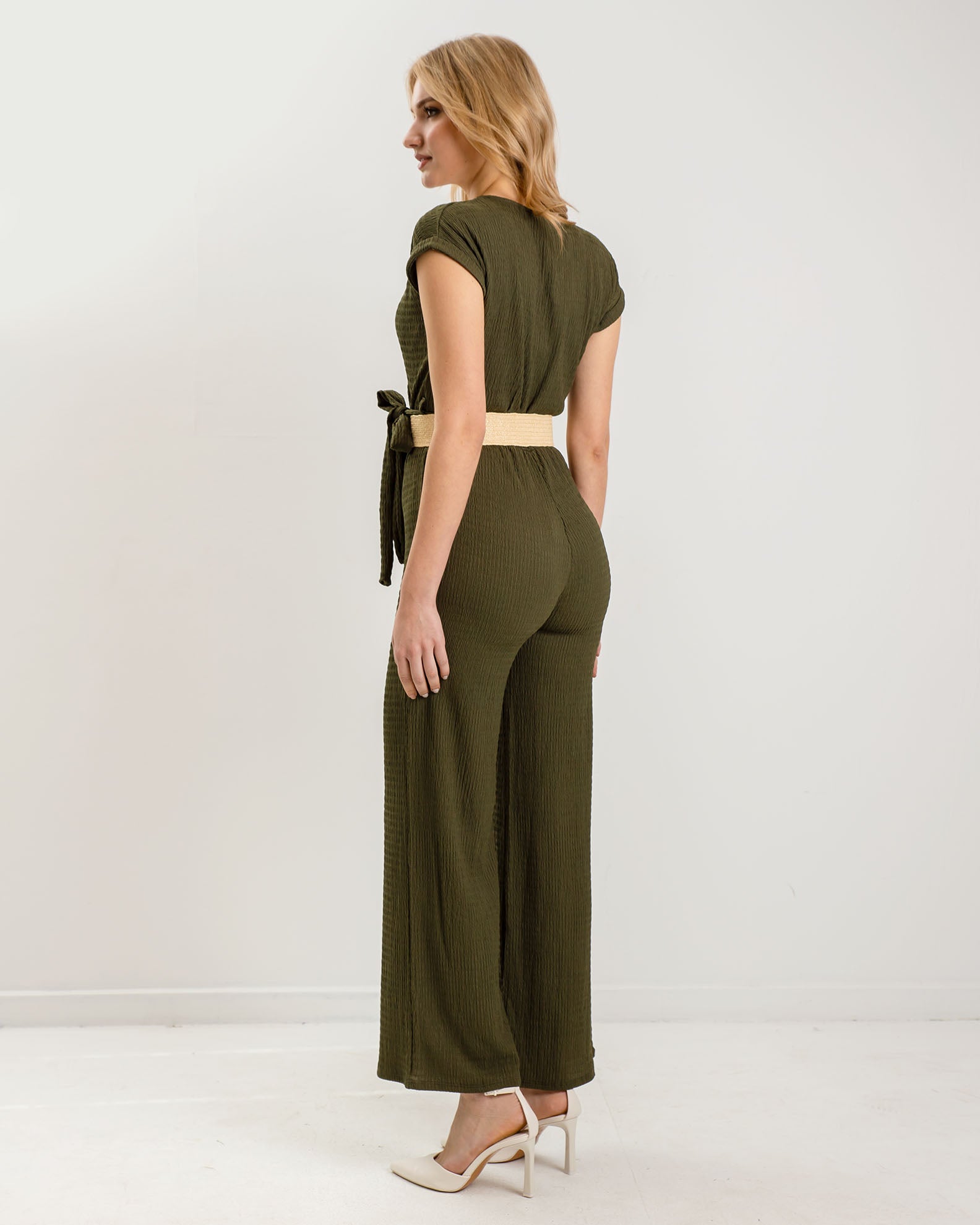 'Oa44na' Short Sleeve Waffle Jumpsuit-khaki