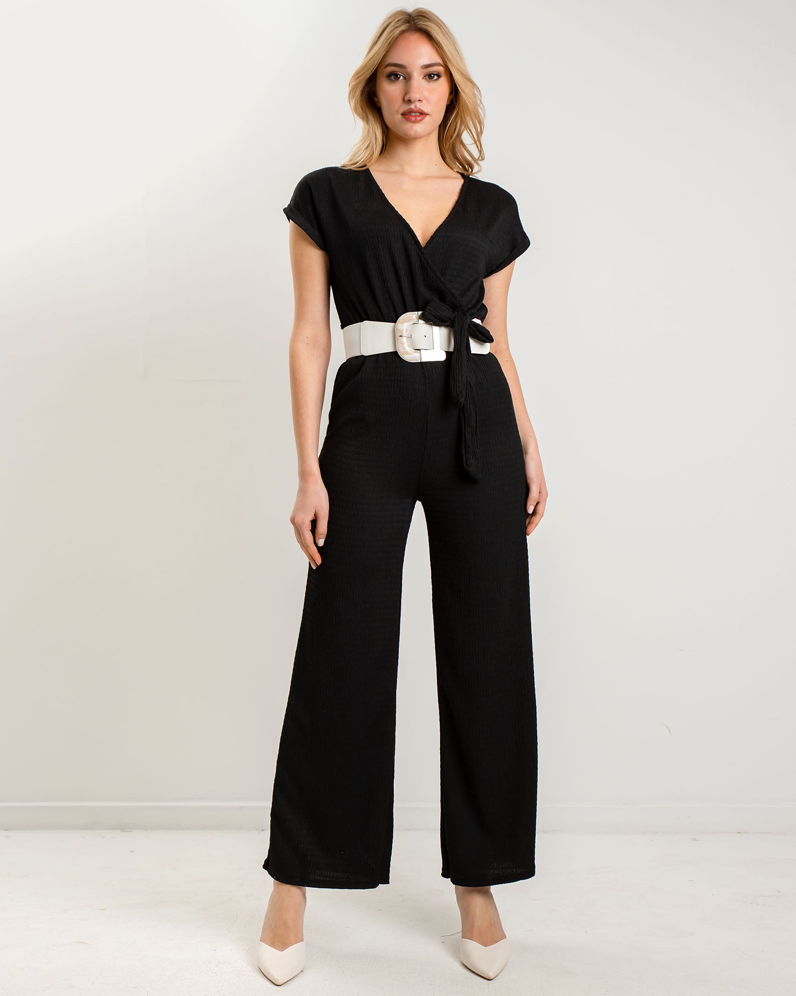 'Oa44na' short-sleeved waffle jumpsuit-black