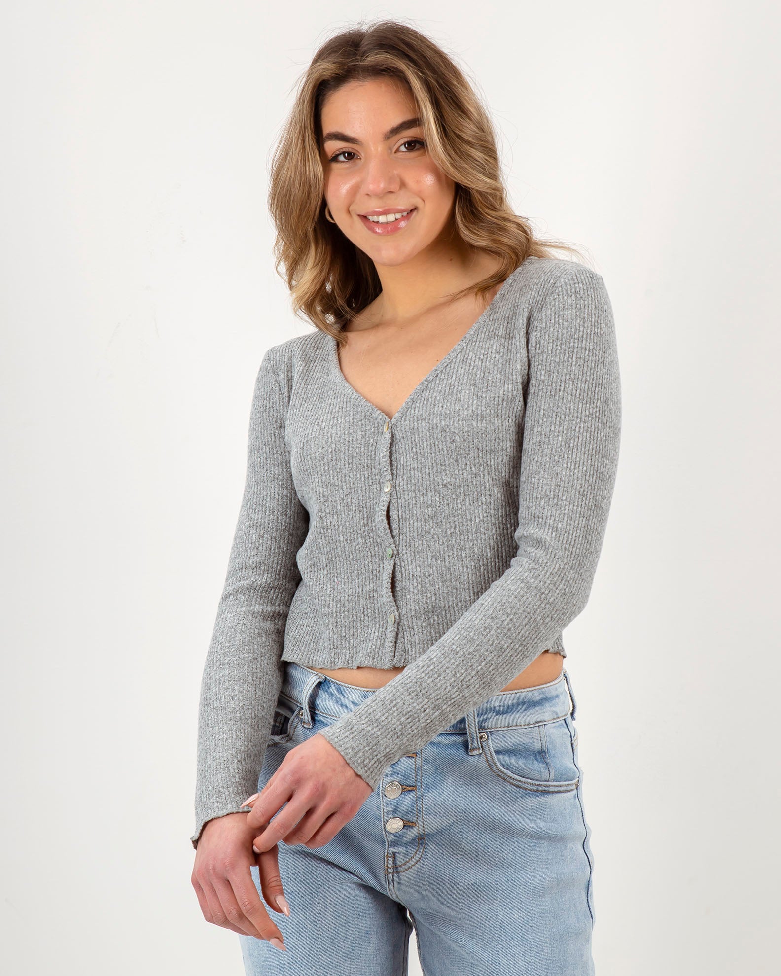 Women's cropped cardigan with buttons 'Claire'-grey marl