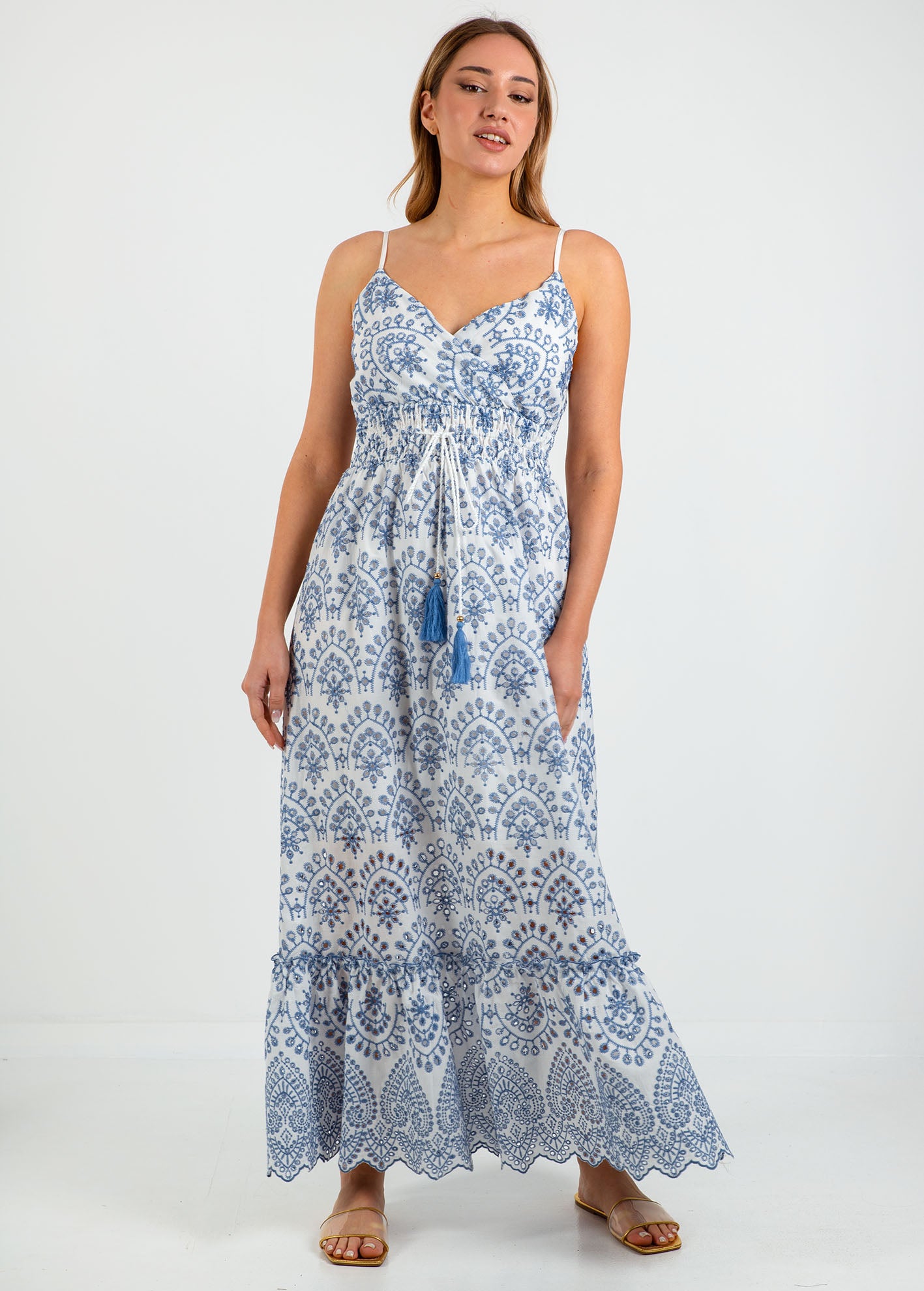 Μάξι φόρεμα κεντητό 'Fa44lena'-white/blue