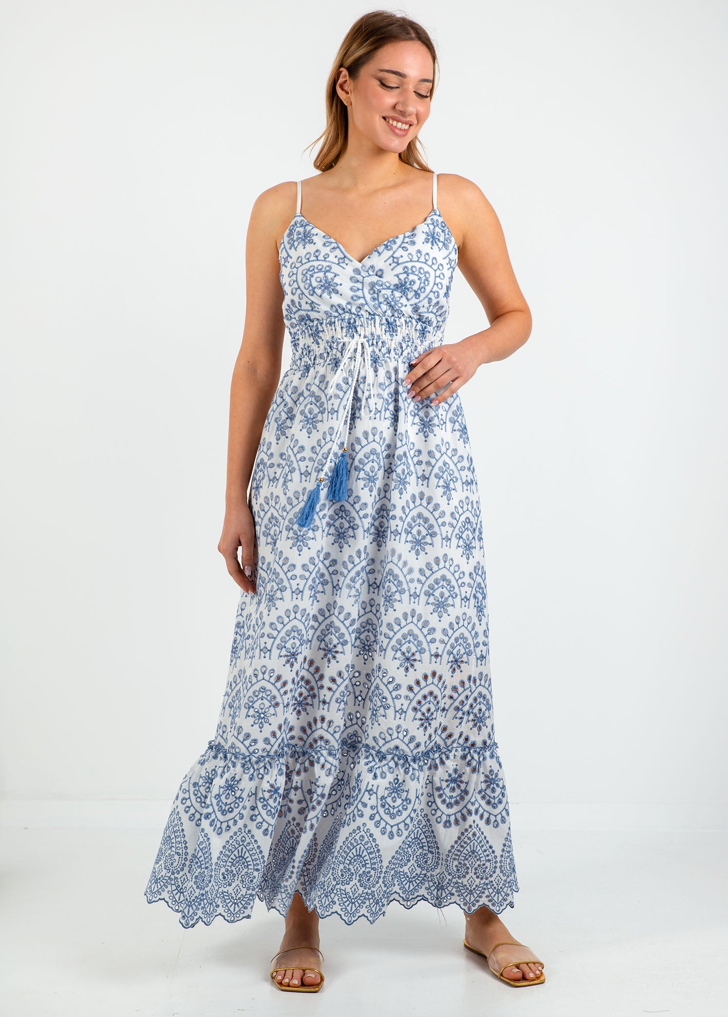 Μάξι φόρεμα κεντητό 'Fa44lena'-white/blue