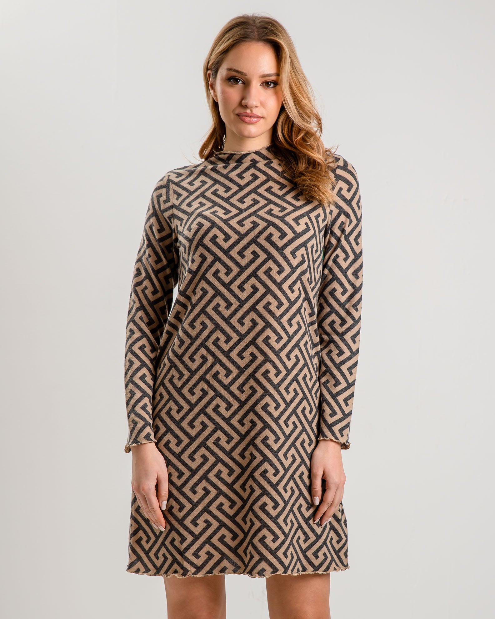 Printed Long Sleeve Dress "Ol44ivia"-beige div