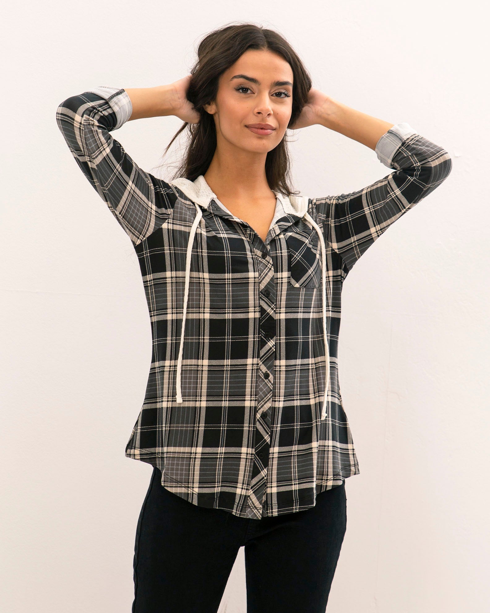 Women's 'Si44bel' Plaid 3/4 Hooded Shirt-black check