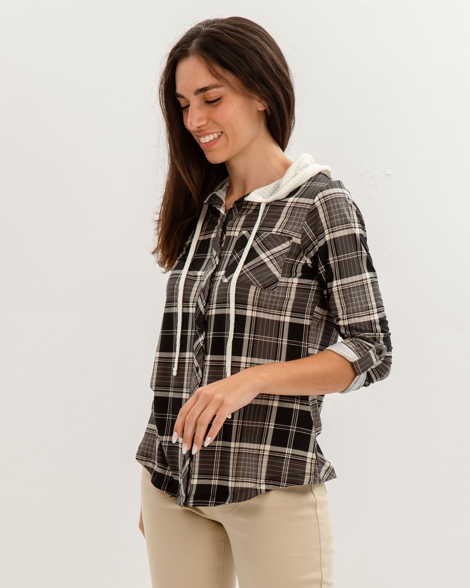 Women's 'Si44bel' Plaid 3/4 Hooded Shirt-black check