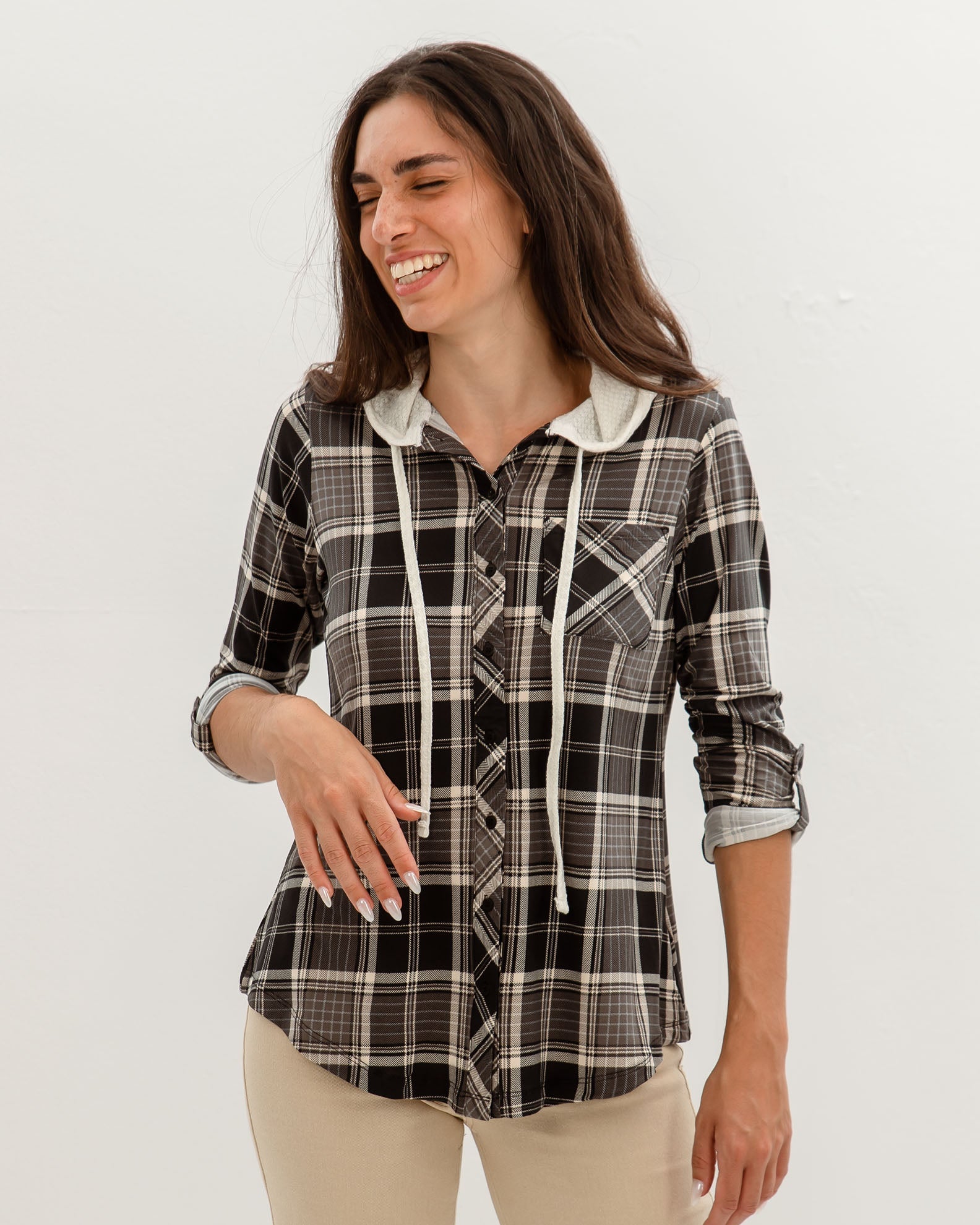 Women's 'Si44bel' Plaid 3/4 Hooded Shirt-black check