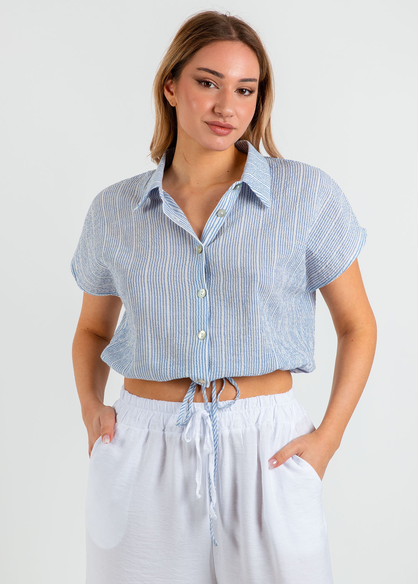 Γυναικείο πουκάμισο ριγέ κοντομάνικο 'El44mira'-light blue striped