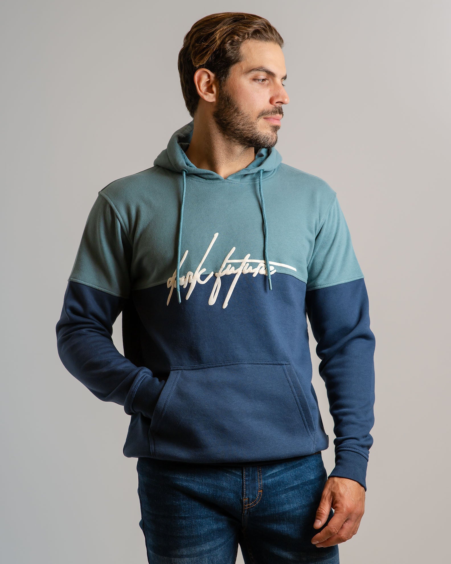 Men's Hoodie with 'Dark future' print-BLUE DARK