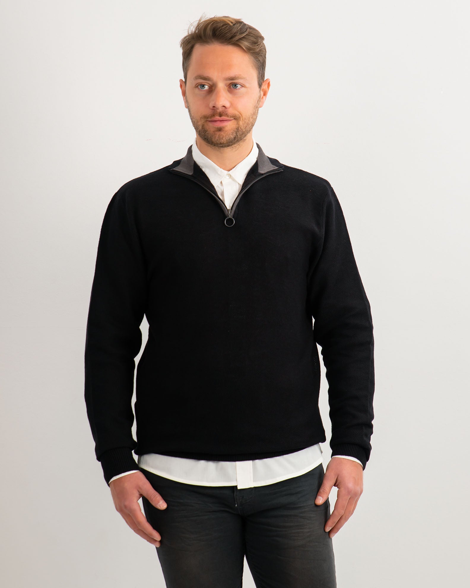 Men's 'Rio' Zip Up Knit Top-BLACK