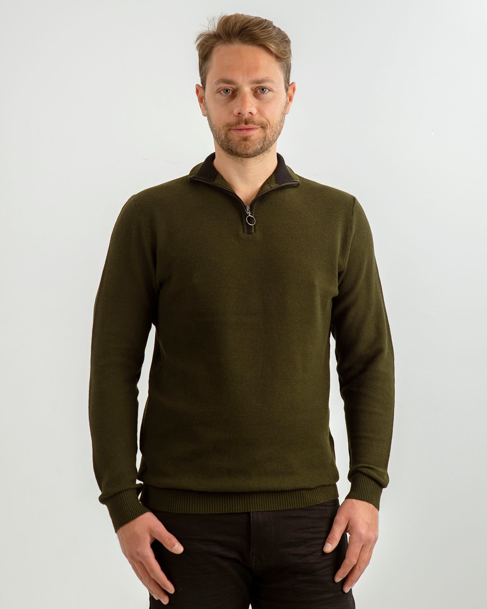 Men's Knit Top with Zipper 'Rio'-KHAKI