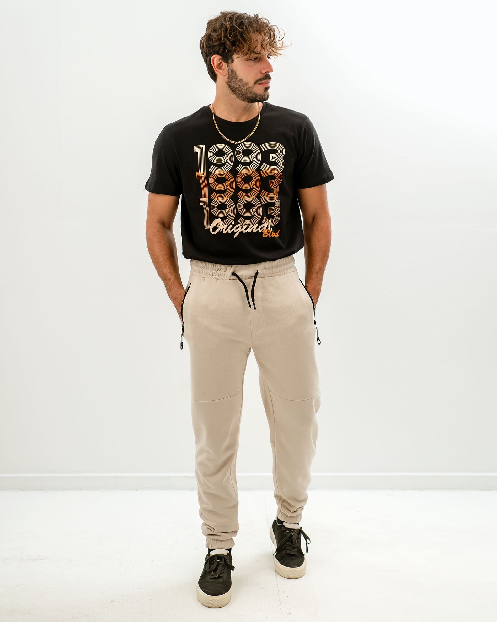 Men's Sweatpants with Elasticated 'Rocky' Trim - BEIGE