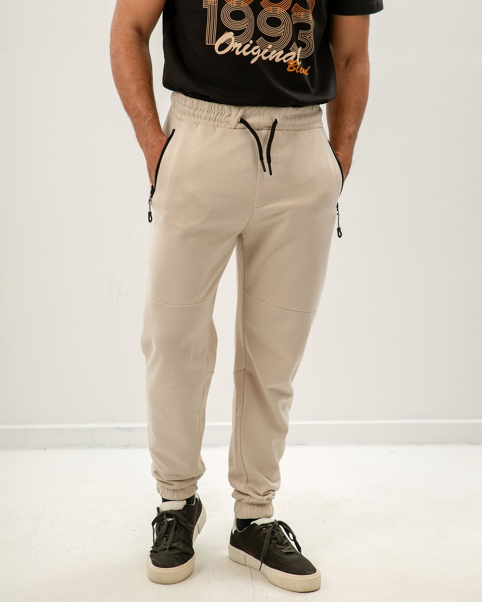 Men's Sweatpants with Elasticated 'Rocky' Trim - BEIGE