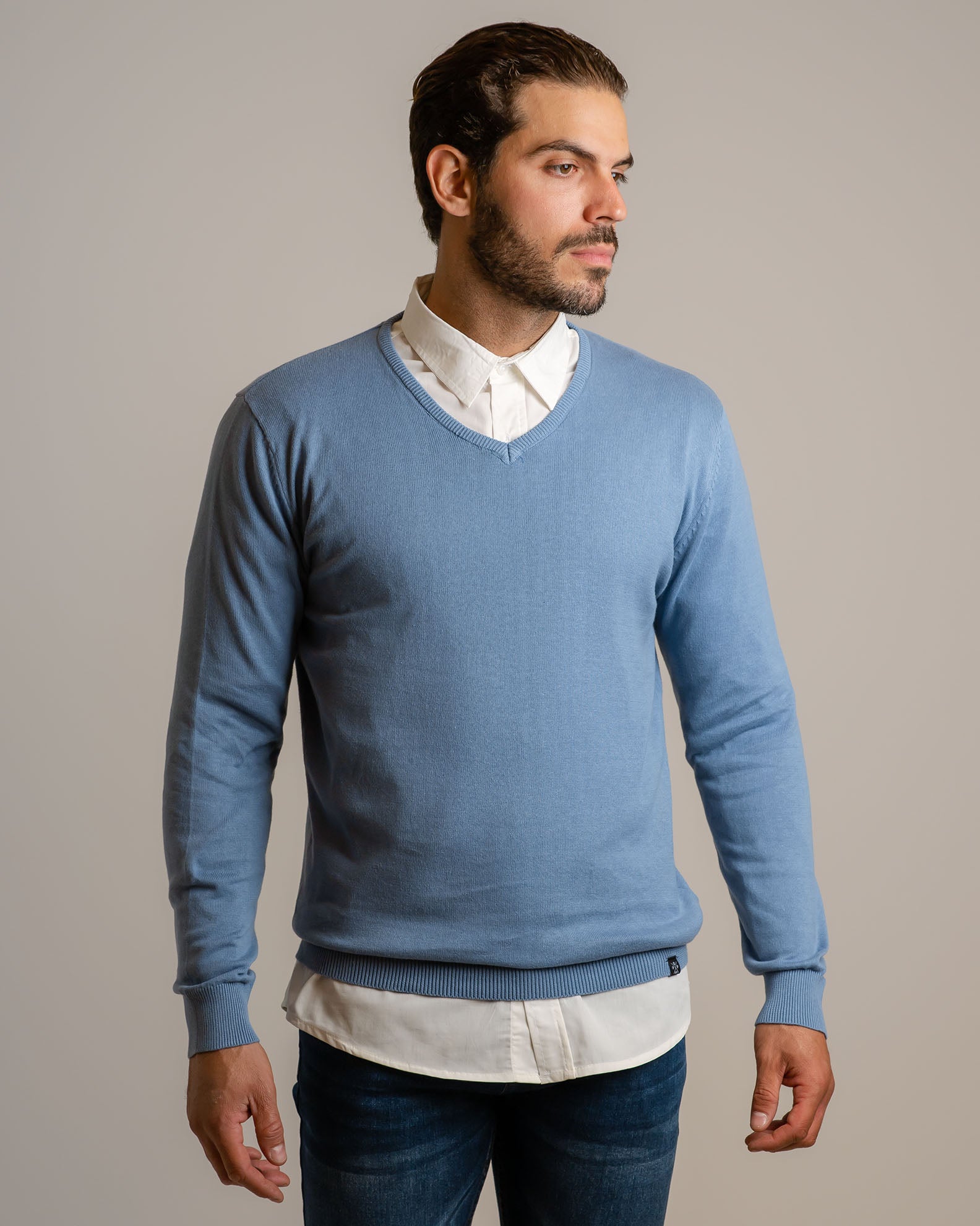 Men's V-Neck Knitted Blouse 'Roman'-BLUE LIGHT