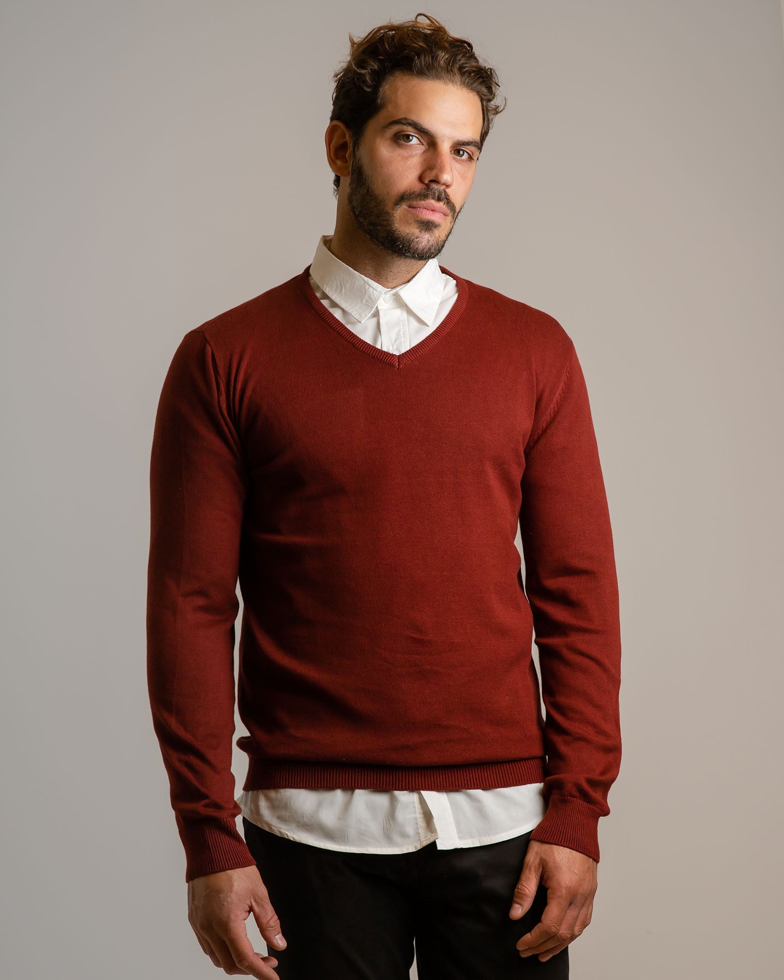 Men's V-Neck Knitted Blouse 'Roman'-BORDEAUX