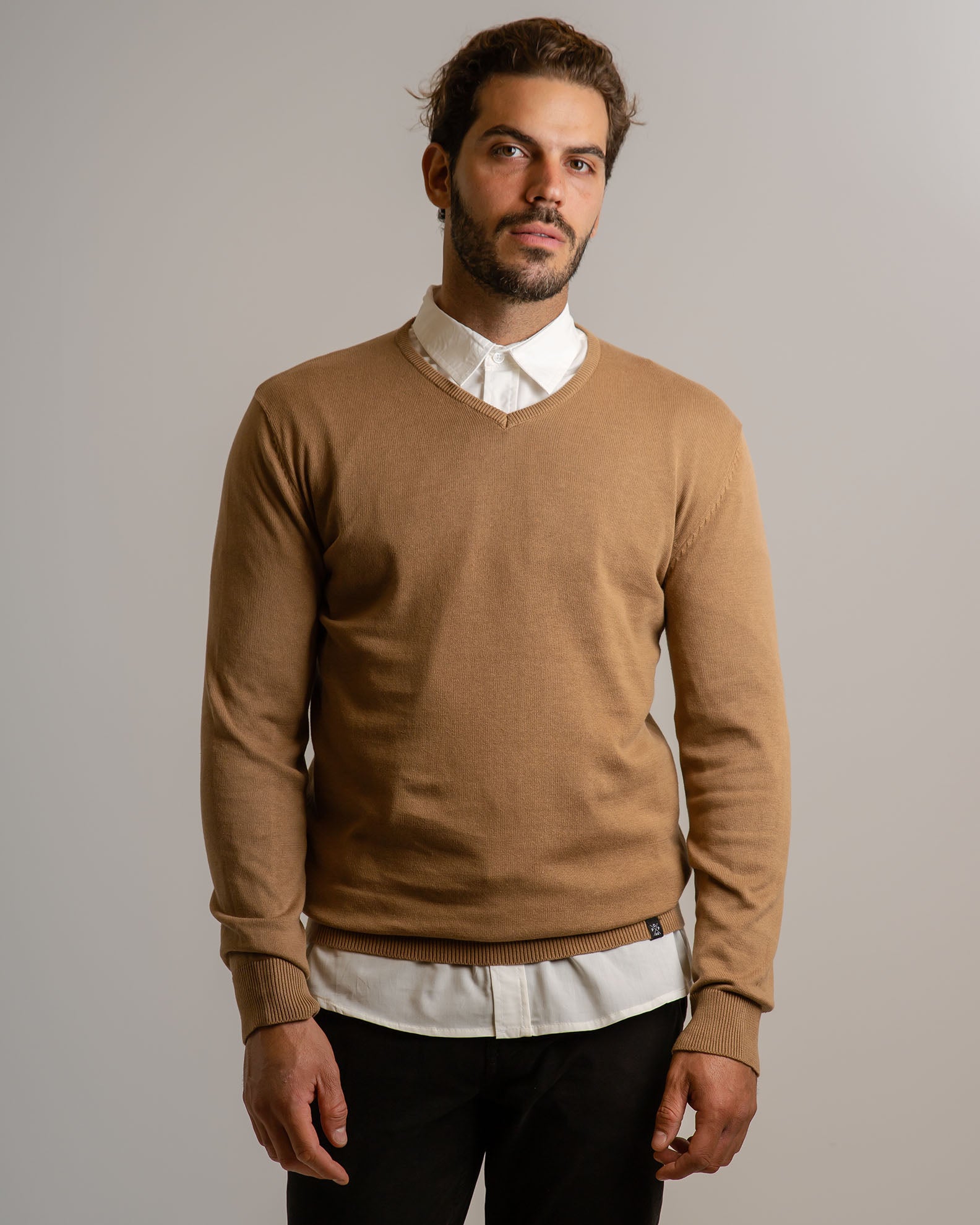 Men's V-Neck Knitted Blouse 'Roman'-CAMEL