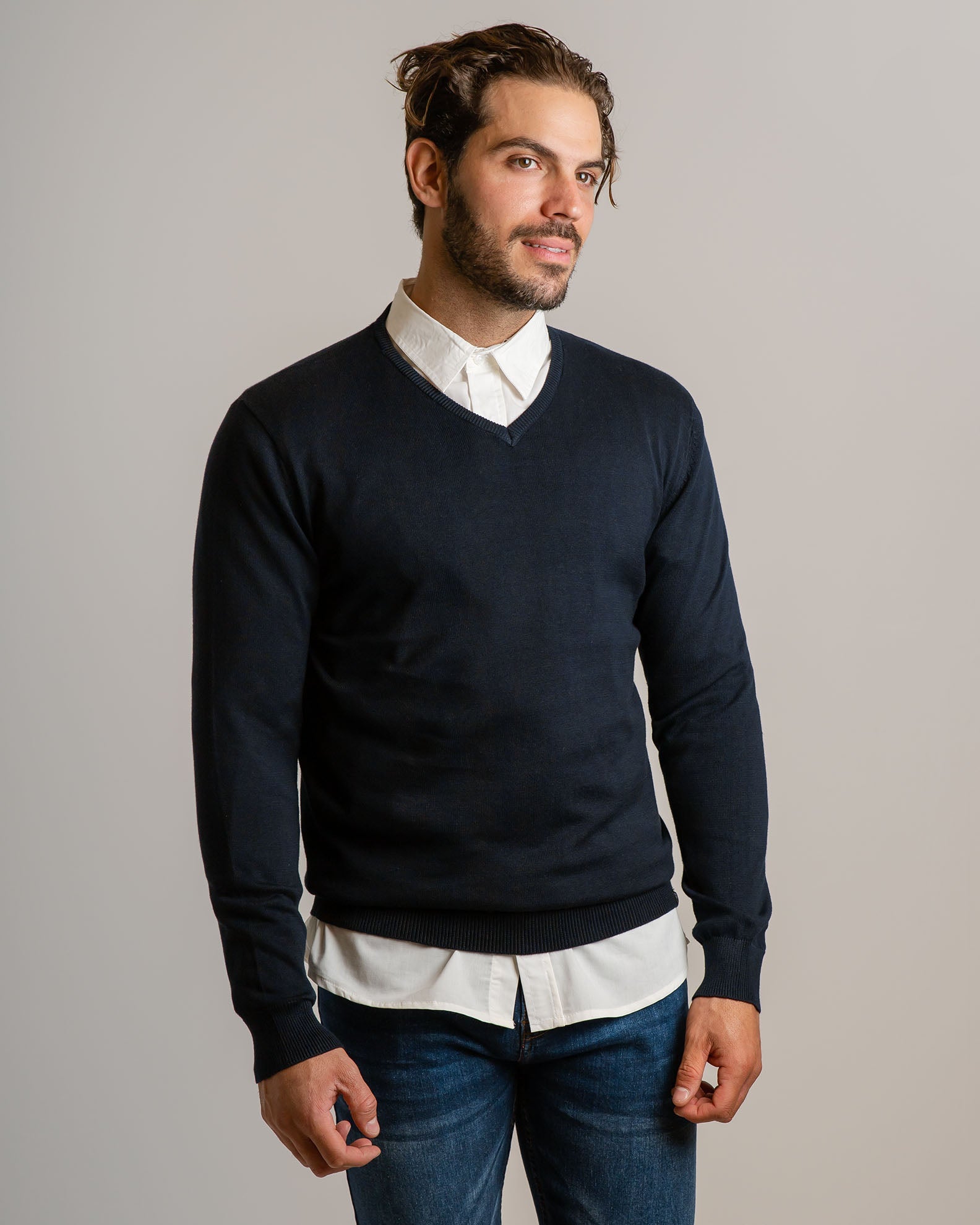 Men's V-Neck Knitted Blouse 'Roman'-BLUE NAVY