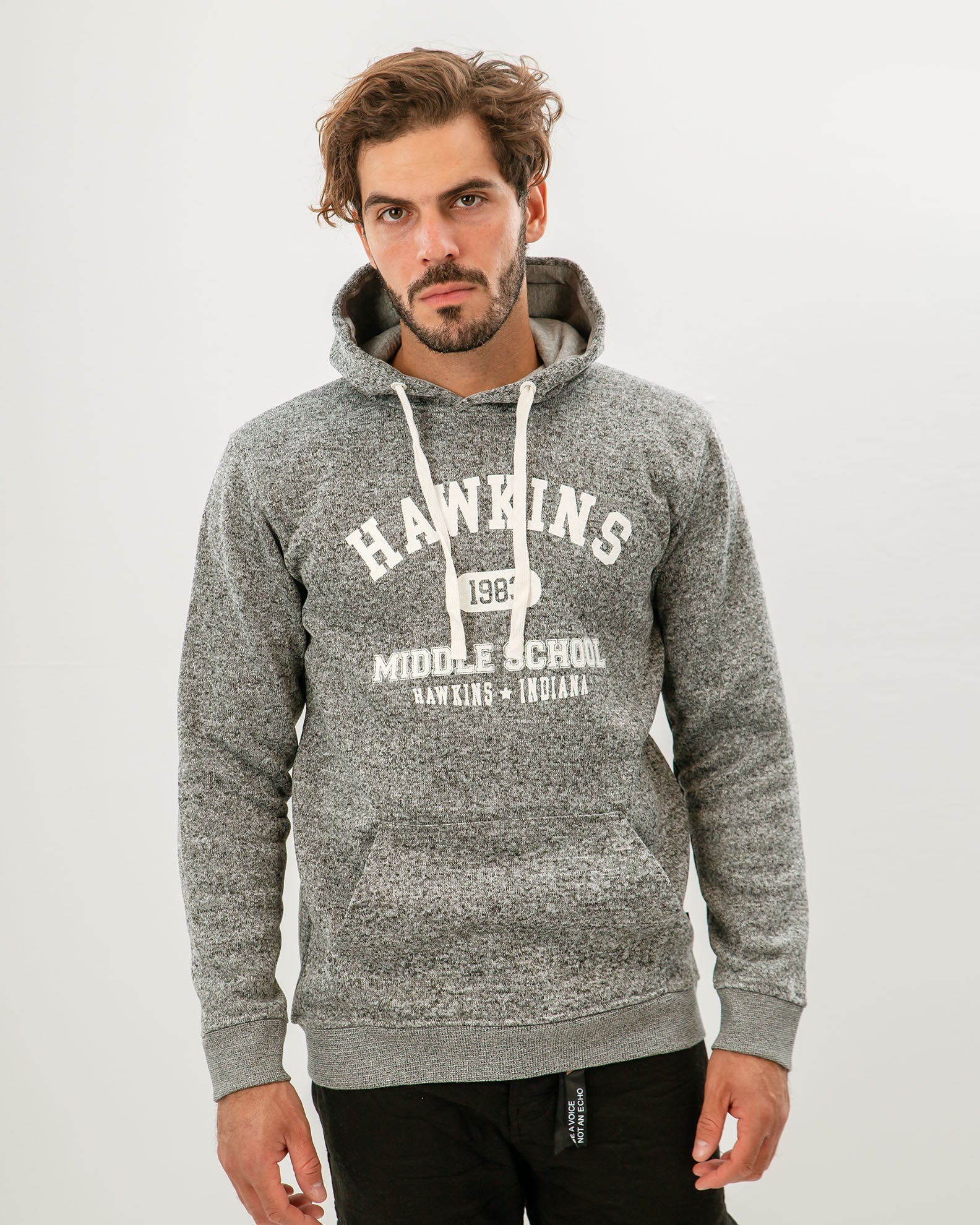 Men's Hoodie with 'Hawkins' Print-BLACK MELANGE