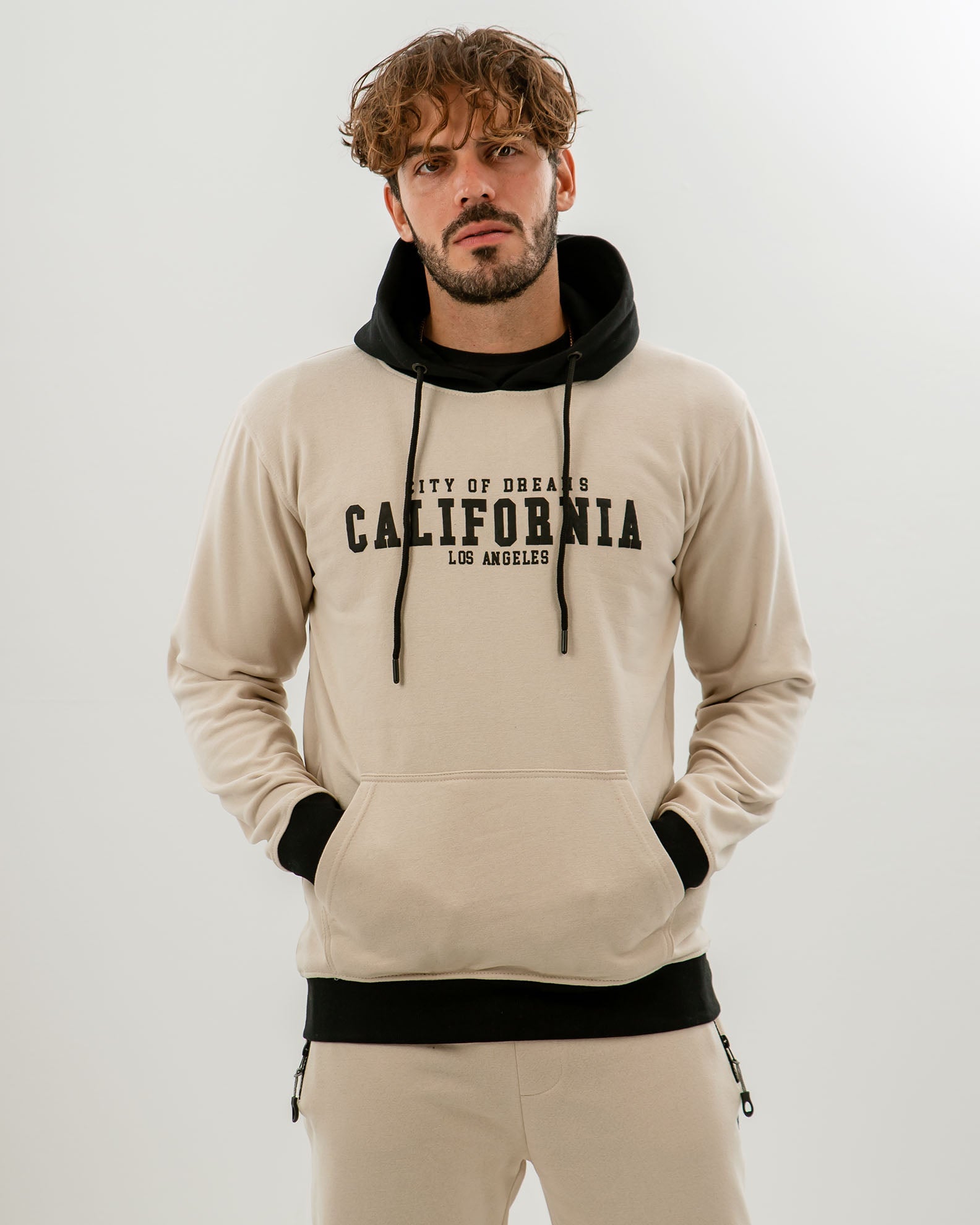 Men's Hoodie with 'California' Print-BEIGE