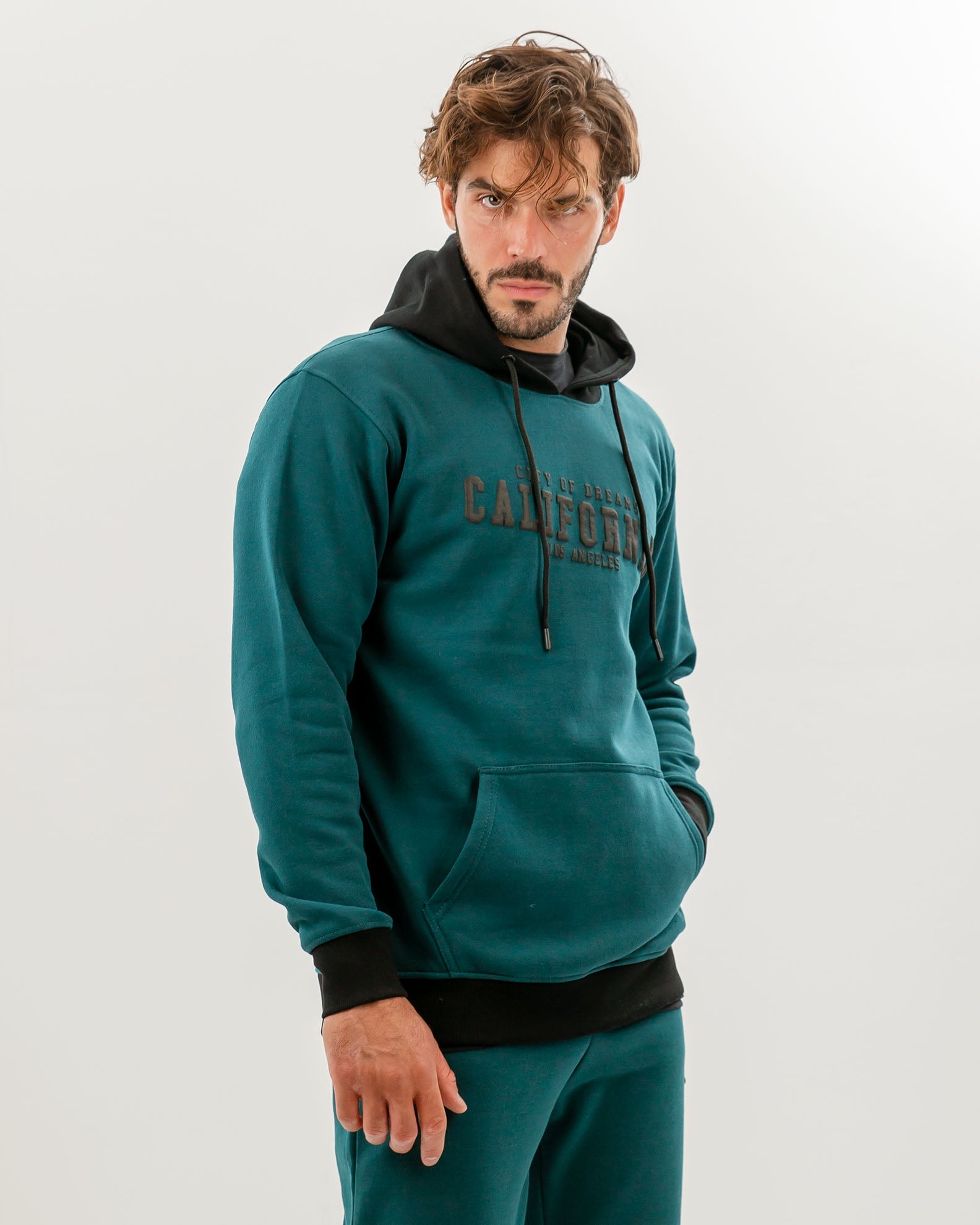 Men's Hoodie with 'California' Print-PETROL