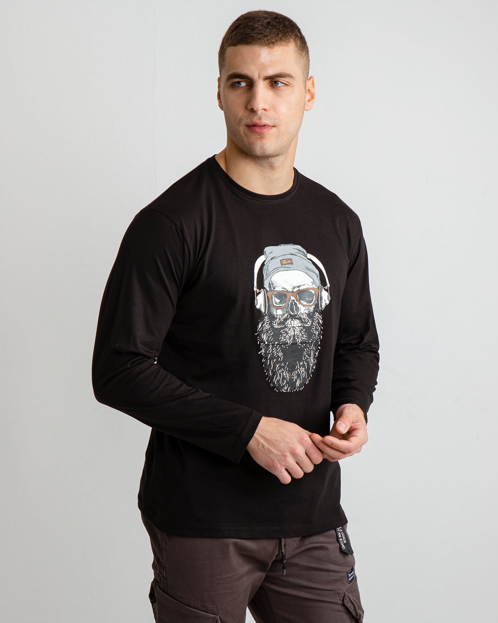 Men's Long Sleeve 'Scull' Print Blouse-BLACK