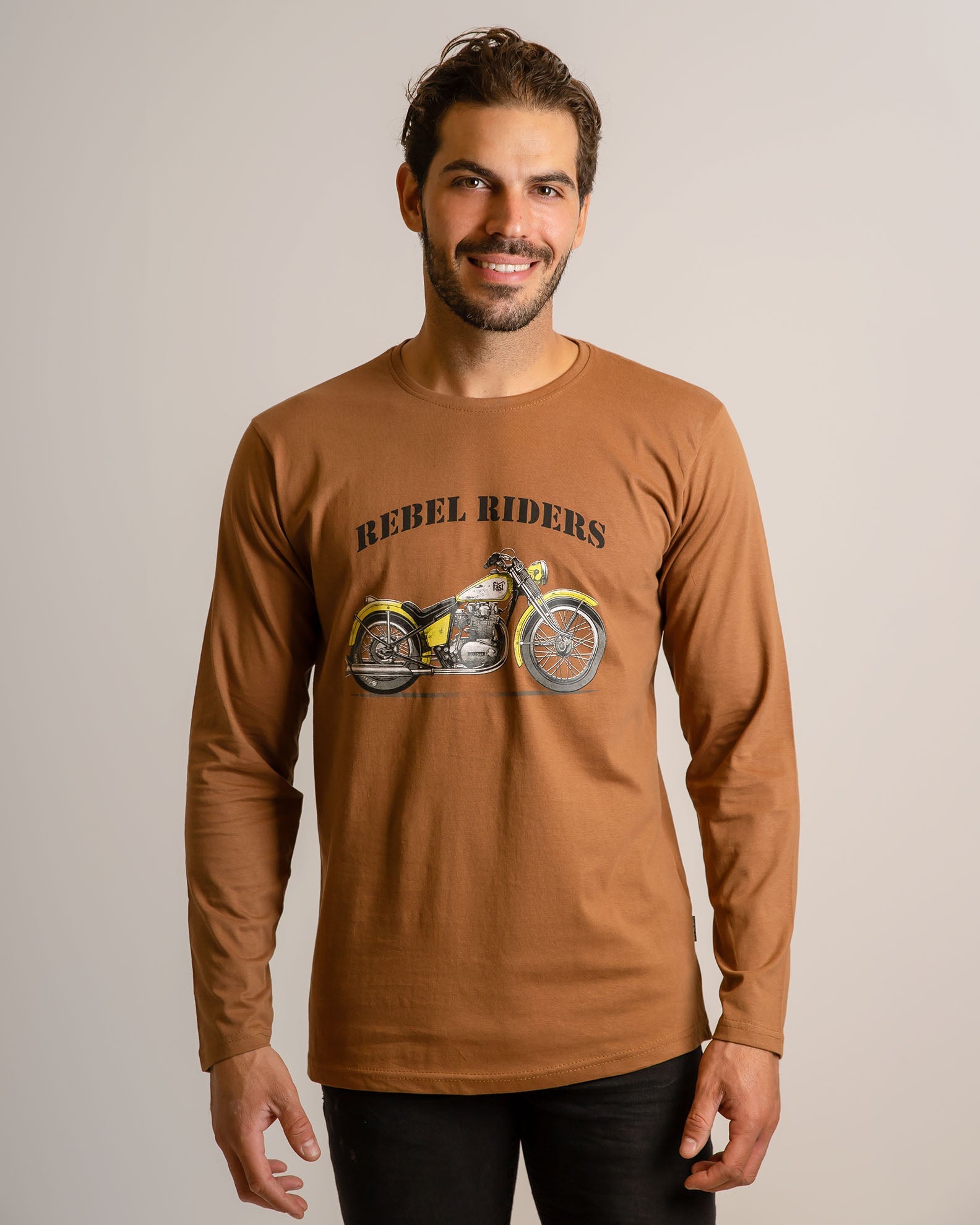 Men's Long Sleeve Shirt with 'Rebel riders' Print-CAMEL