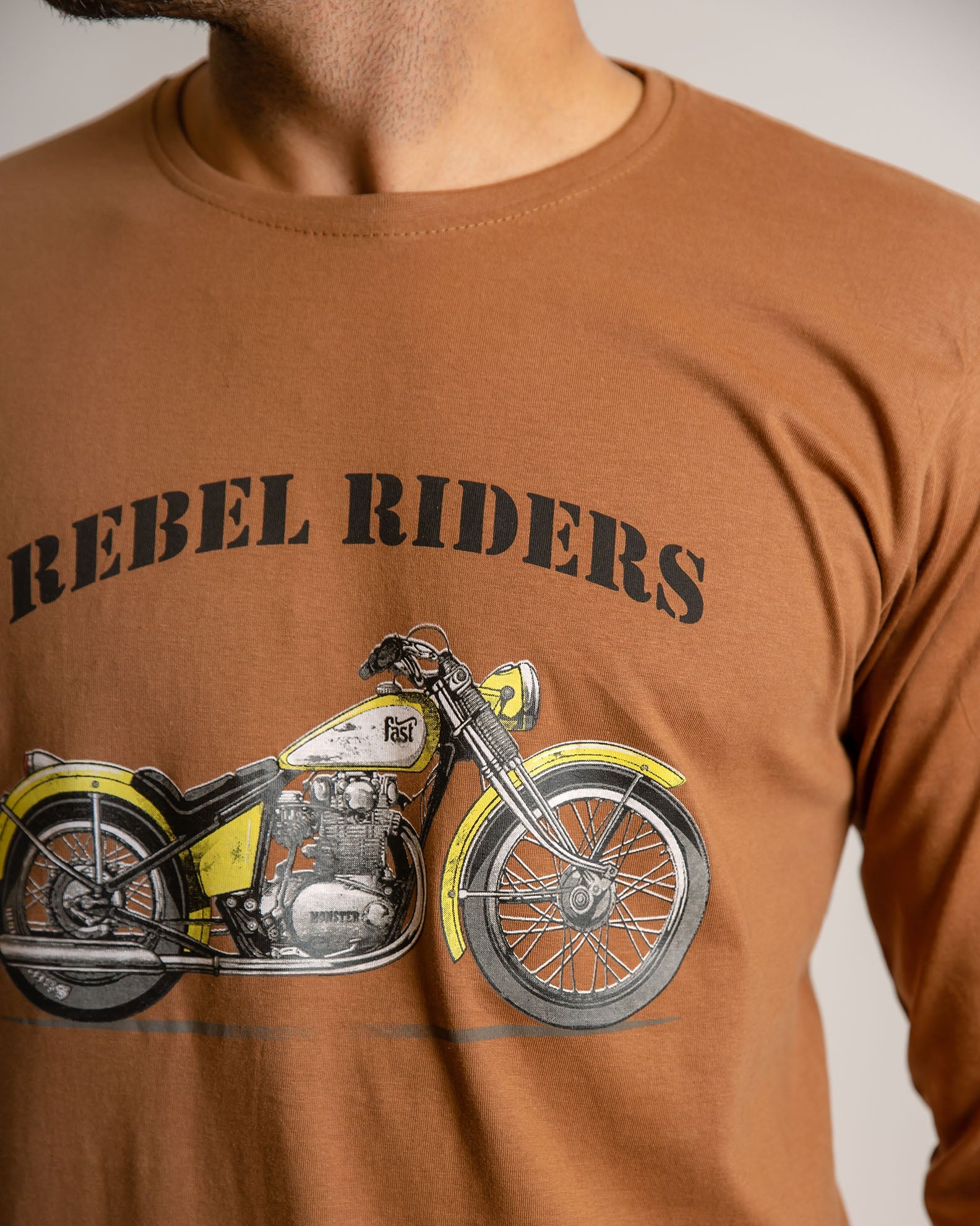 Men's Long Sleeve Shirt with 'Rebel riders' Print-CAMEL