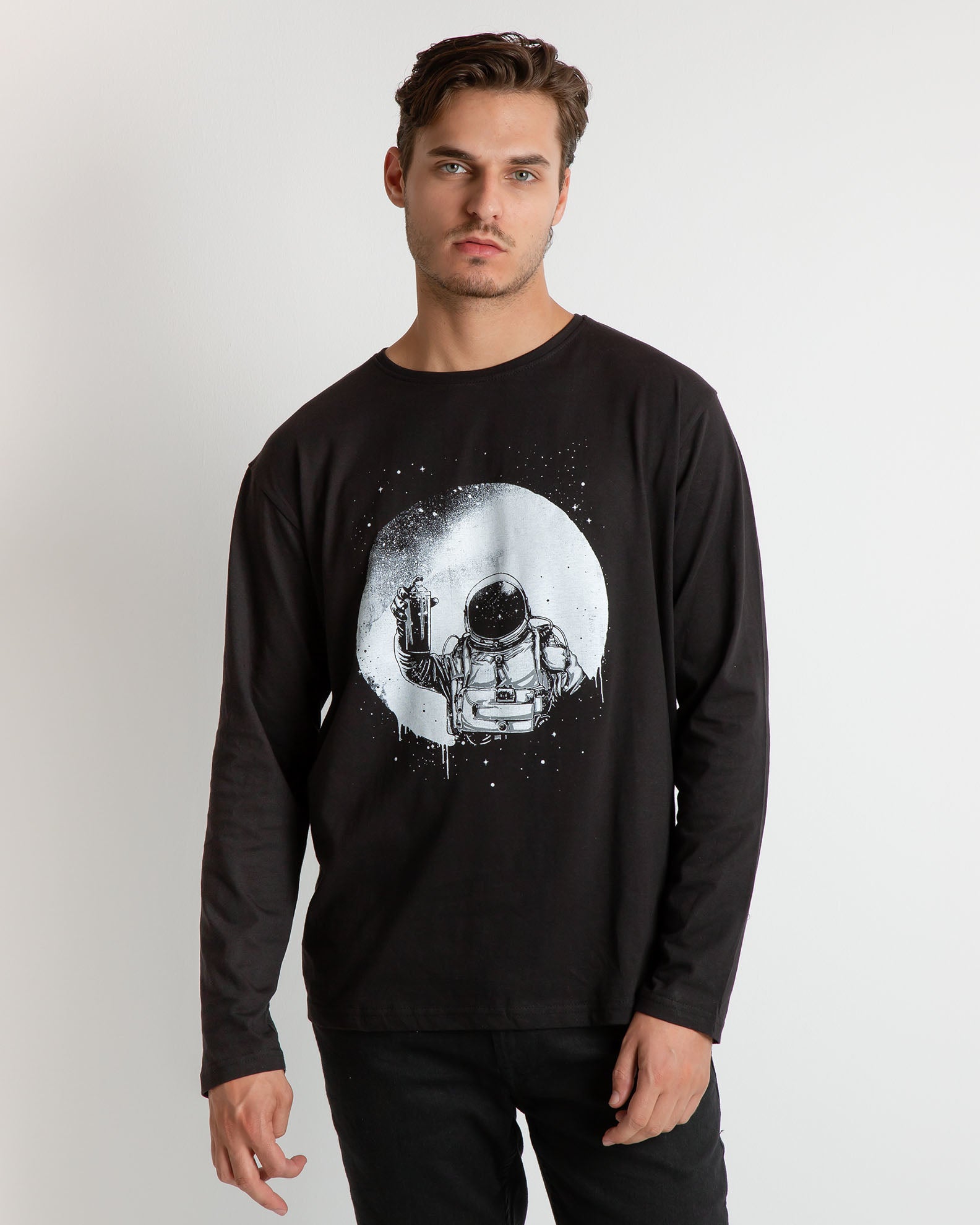 Men's Long Sleeve Blouse with 'Moon spray' Print-BLACK