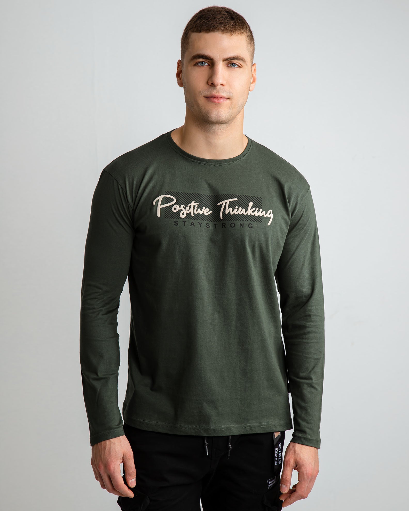 Men's Long Sleeve Blouse with 'Positive thinking' Print-KHAKI