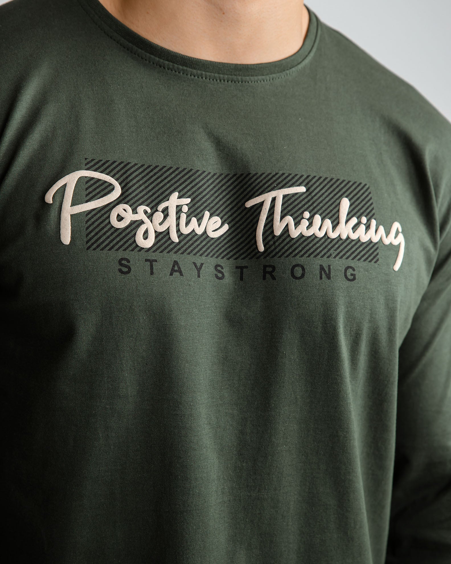 Men's Long Sleeve Blouse with 'Positive thinking' Print-KHAKI